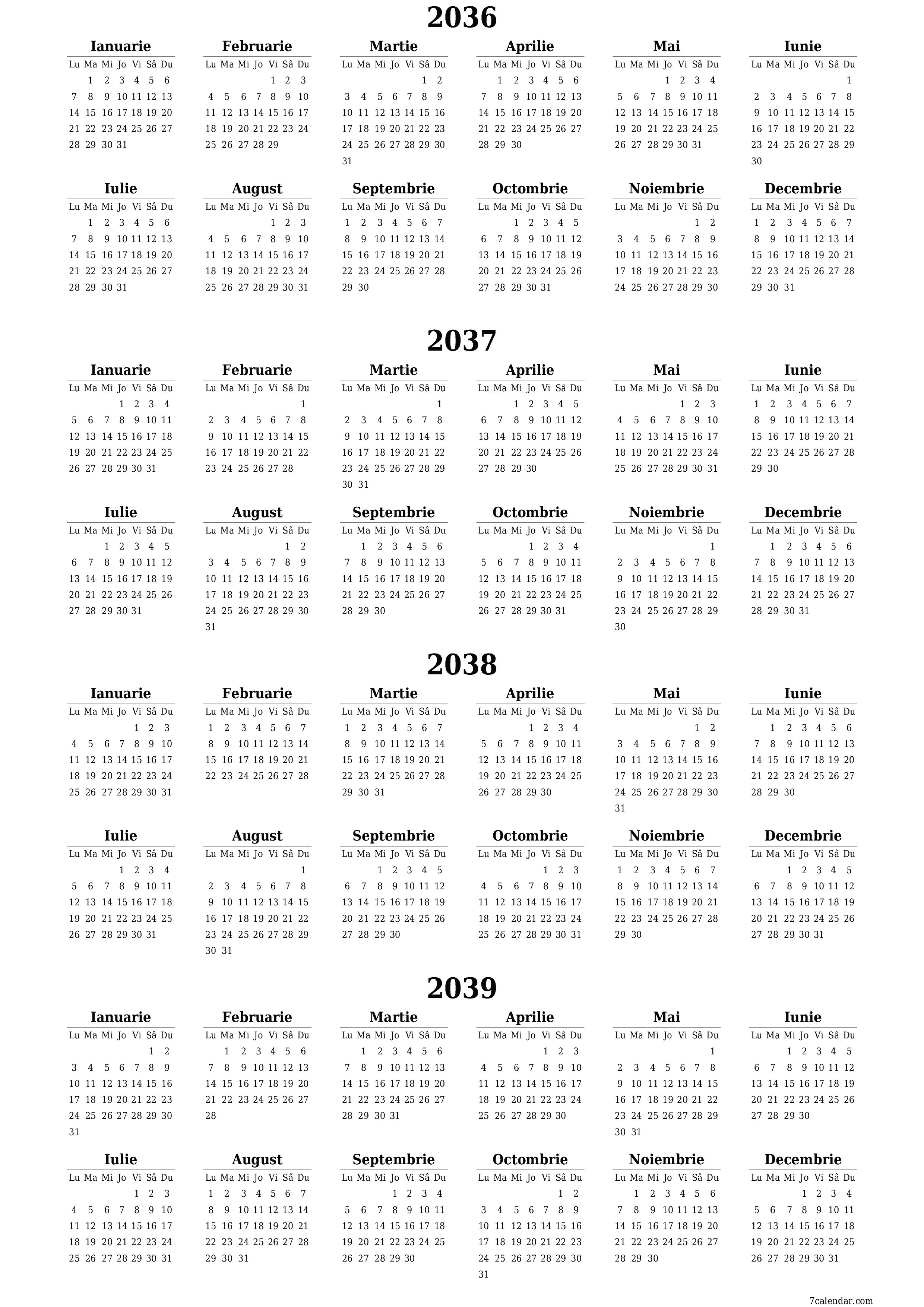 Goliți calendarul anual al planificatorului pentru anul 2036, 2037, 2038, 2039 cu note, salvați și tipăriți în PDF PNG Romanian