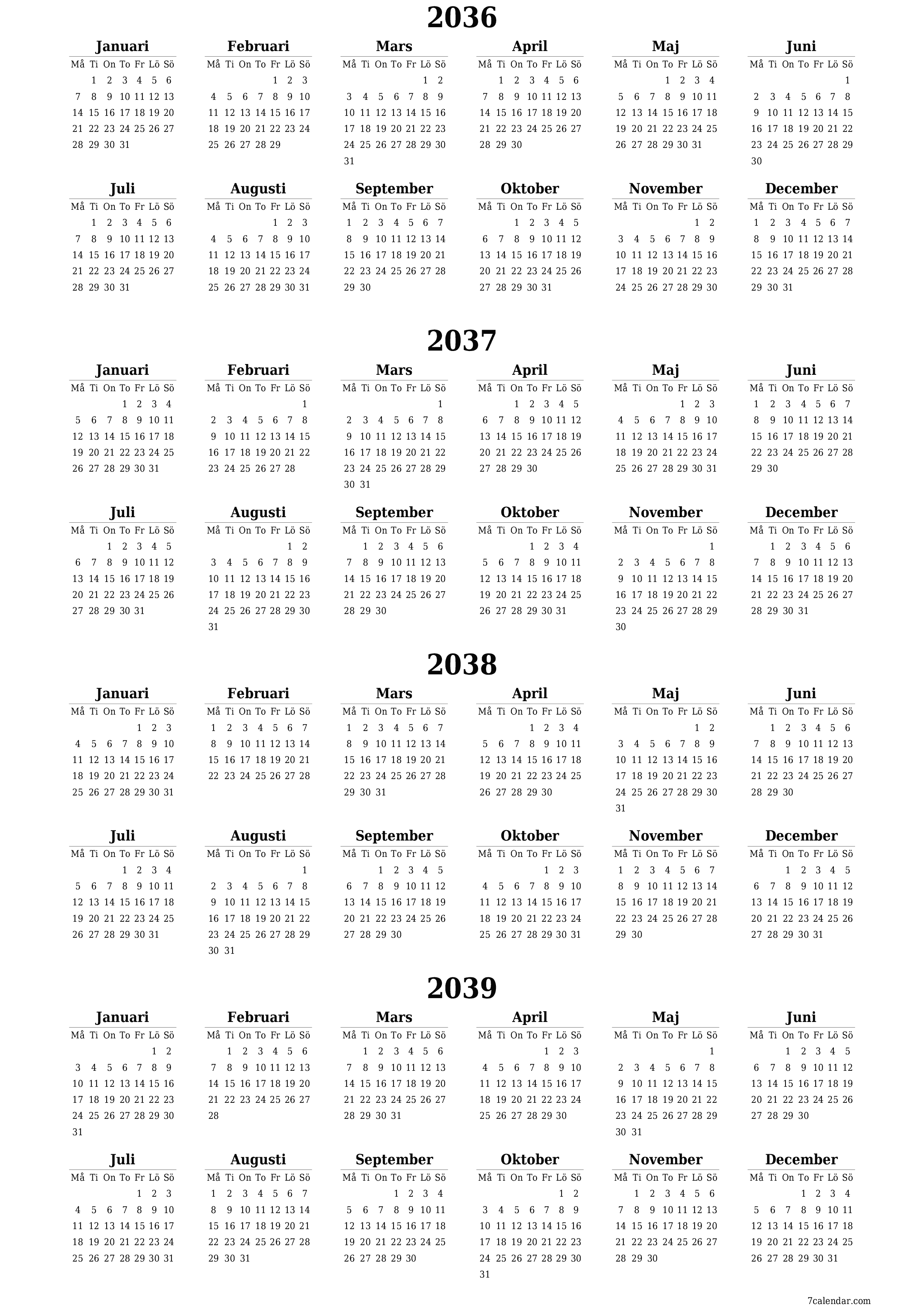 Tom årlig planeringskalender för året 2036, 2037, 2038, 2039 med anteckningar, spara och skriv ut till PDF PNG Swedish