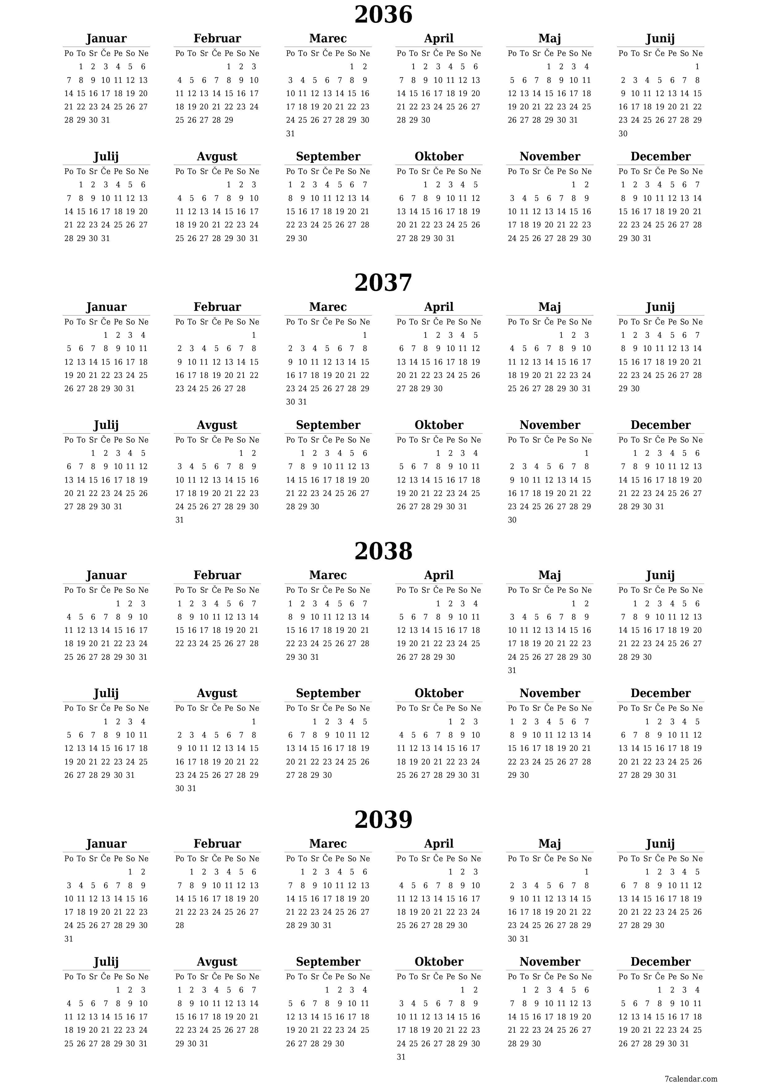 Prazen letni načrtovalec koledarja za leto 2036, 2037, 2038, 2039 z opombami za tiskanje v PDF-ju PNG Slovenian