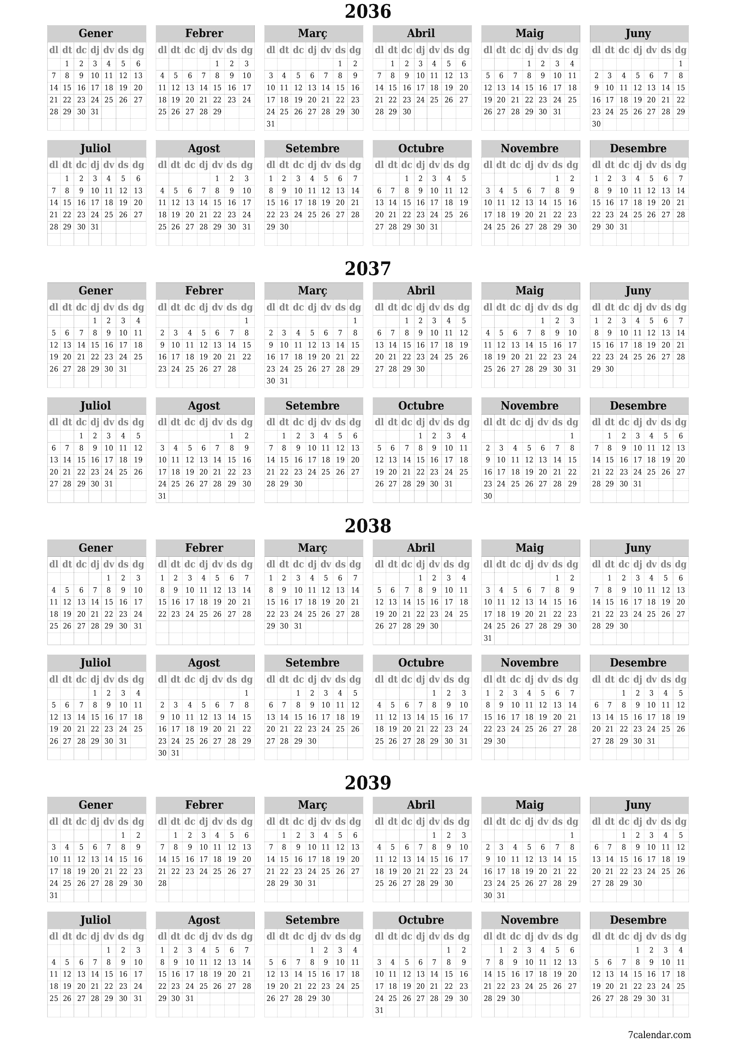  imprimible de paret plantilla de gratuïtvertical Anual calendari Juny (Jun) 2036