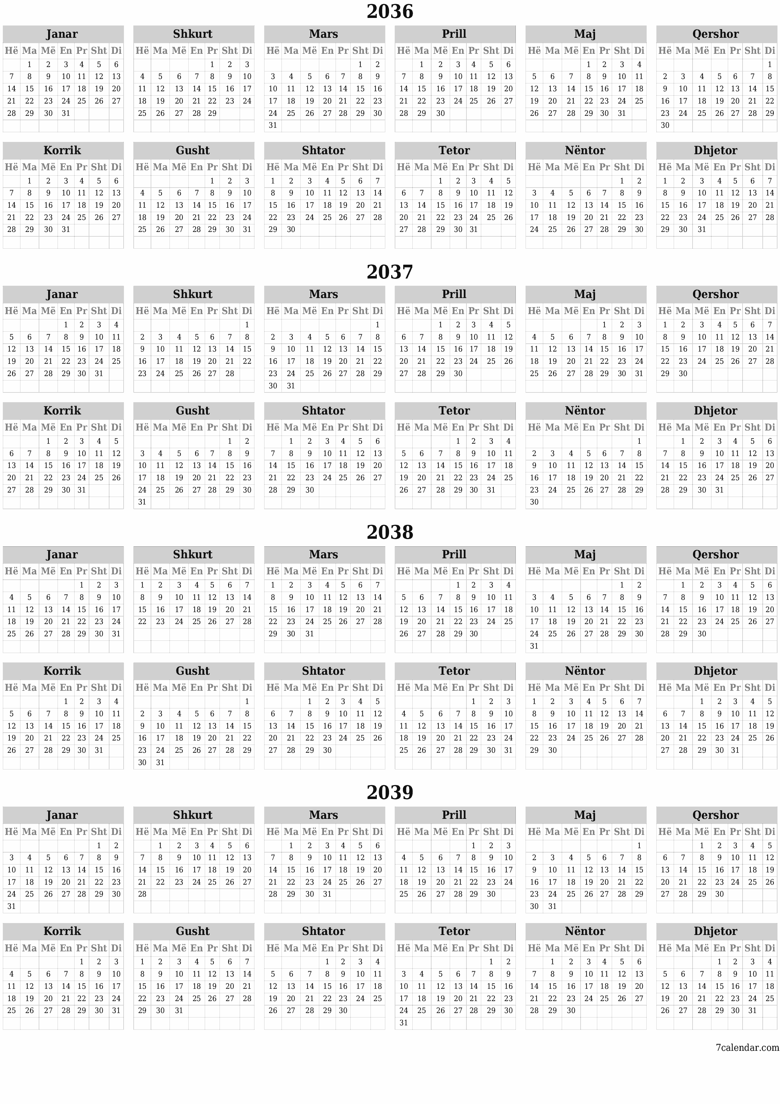 Planifikuesi bosh i kalendarit vjetor për vitin 2036, 2037, 2038, 2039 me shënime, ruani dhe printoni në PDF PNG Albanian