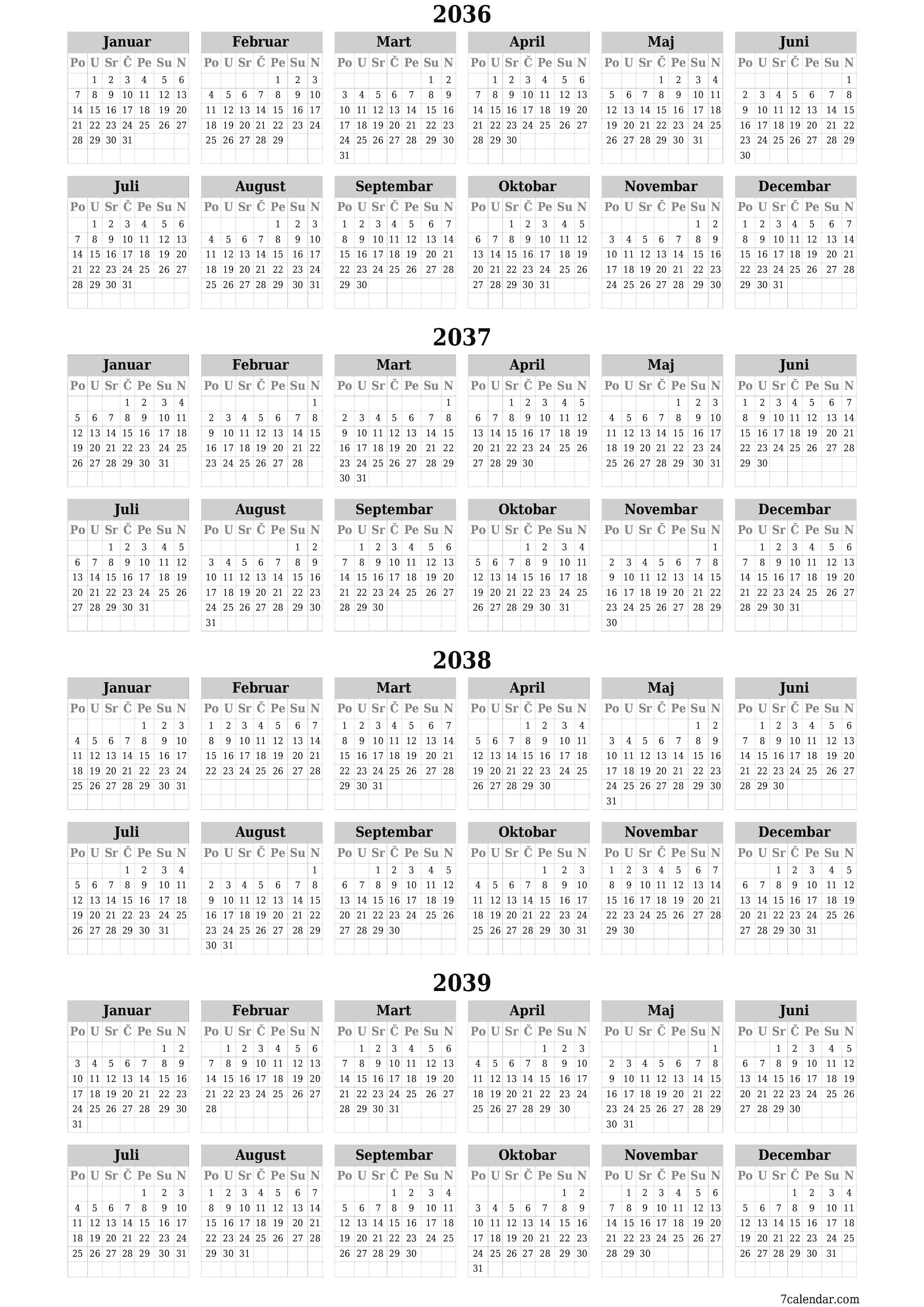 Ispraznite godišnji kalendar planera za godinu 2036, 2037, 2038, 2039 s bilješkama, spremite i ispišite u PDF PNG Bosnian