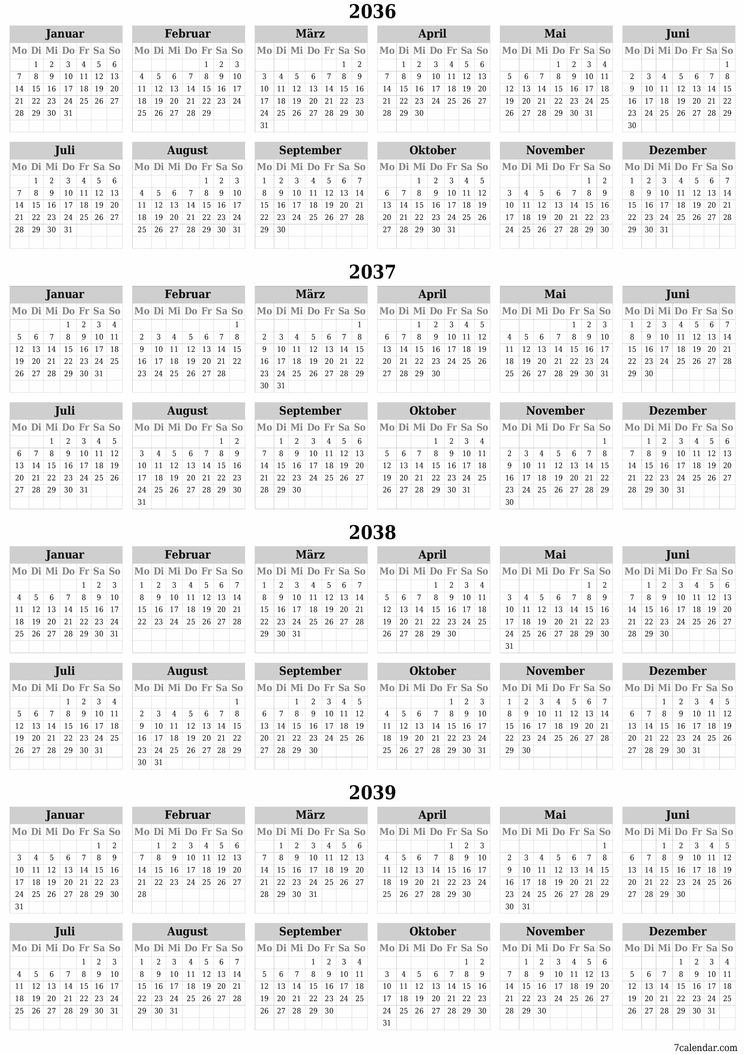 Jahresplanerkalender für das Jahr 2036, 2037, 2038, 2039 mit Notizen leeren, speichern und als PDF PNG German - 7calendar.com drucken