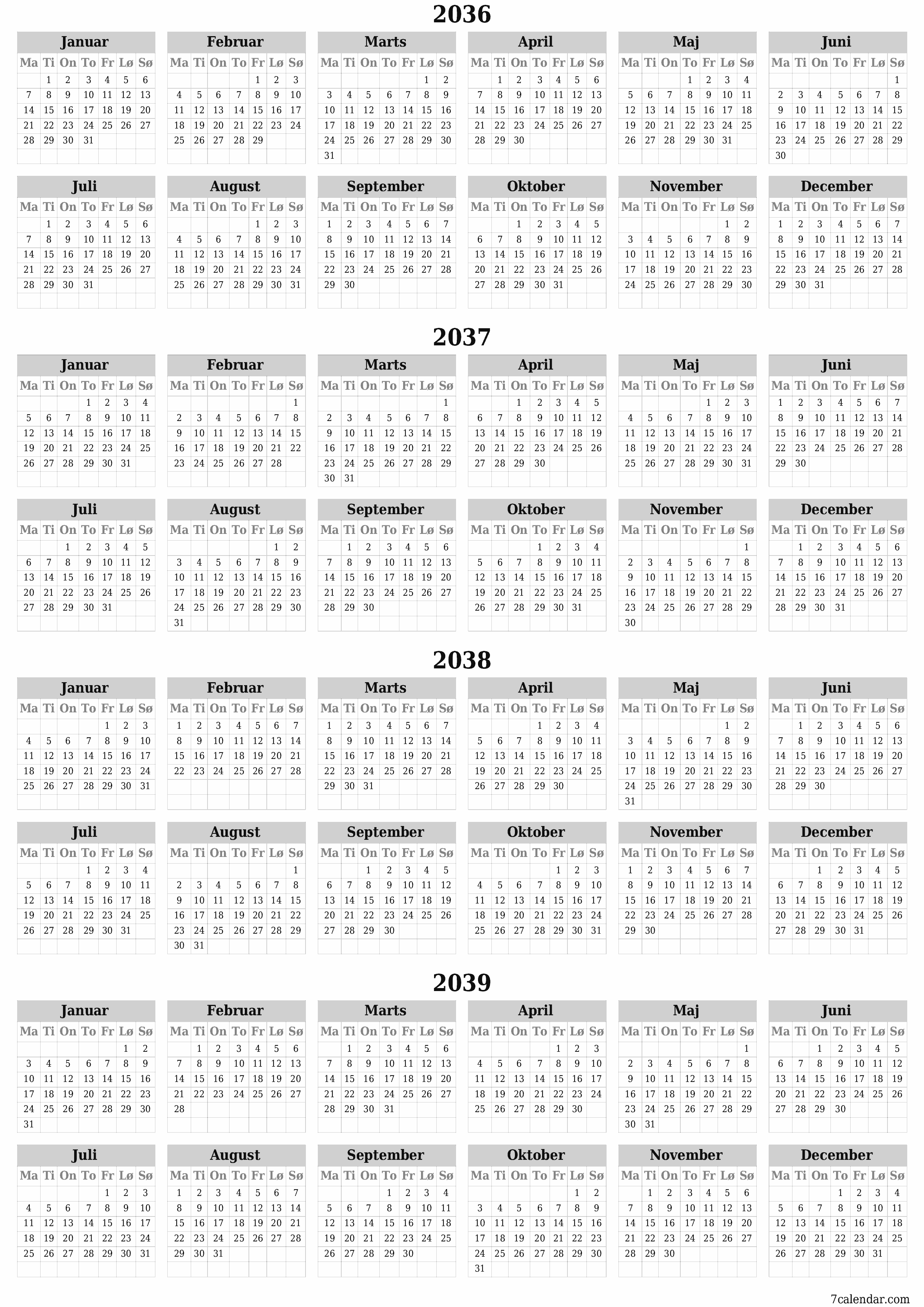 Tom årlig planlægningskalender for året 2036, 2037, 2038, 2039 med noter, gem og udskriv til PDF PNG Danish