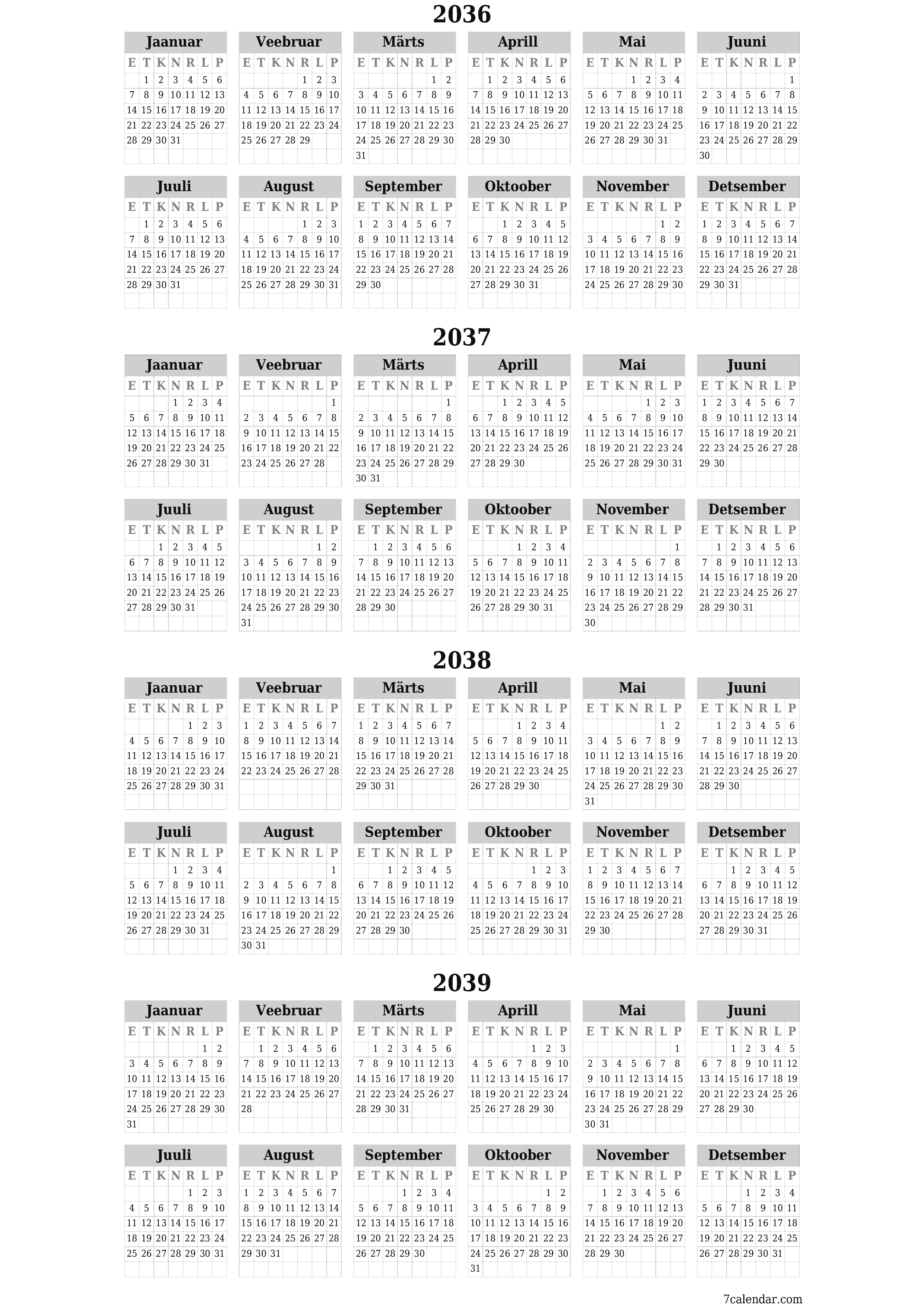 Tühi aasta planeerija kalender aastaks 2036, 2037, 2038, 2039 koos märkmetega, salvestage ja printige PDF-i PNG Estonian