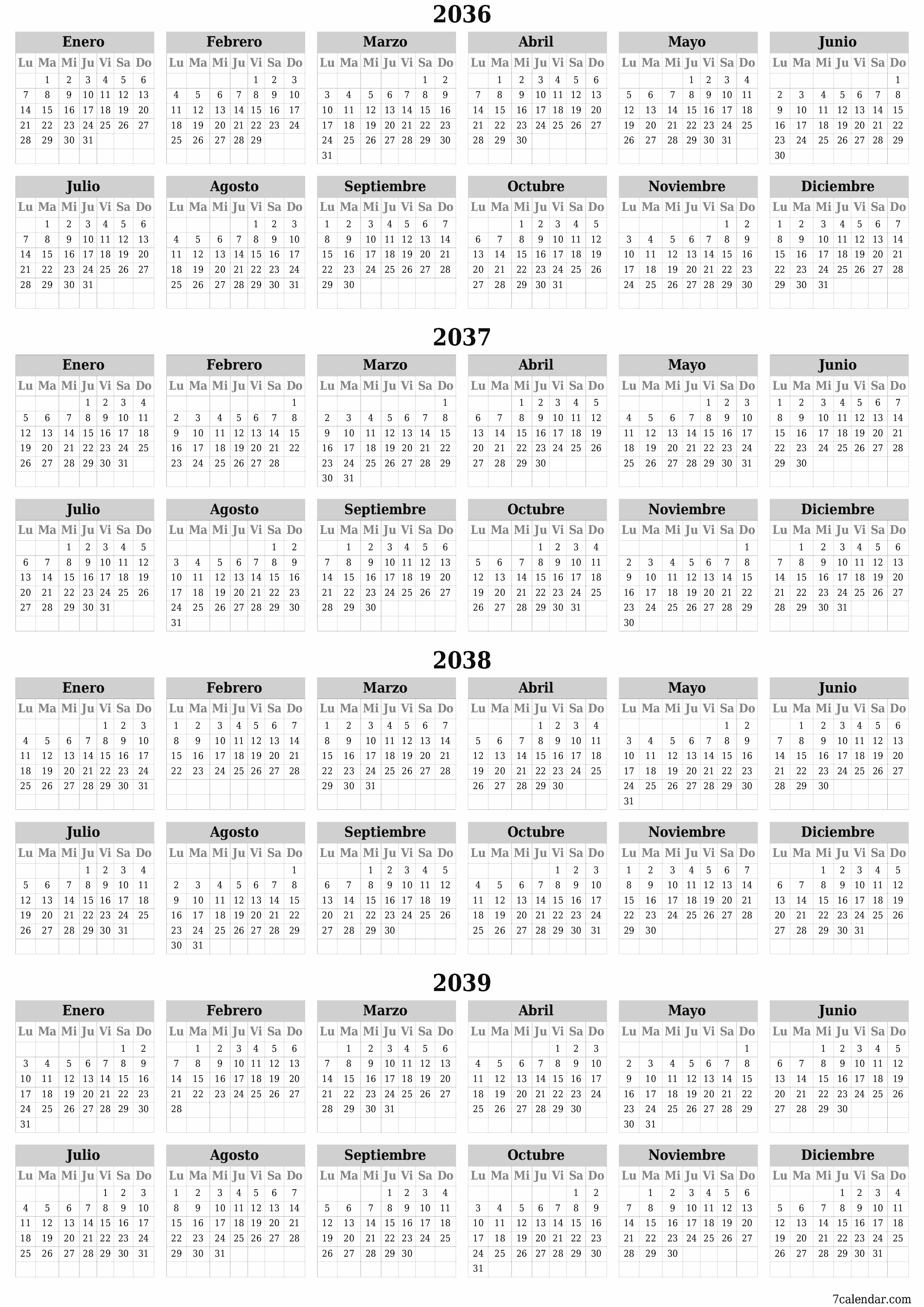 Calendario planificador anual vacío para el año 2036, 2037, 2038, 2039 con notas, guardar e imprimir en PDF PNG Spanish