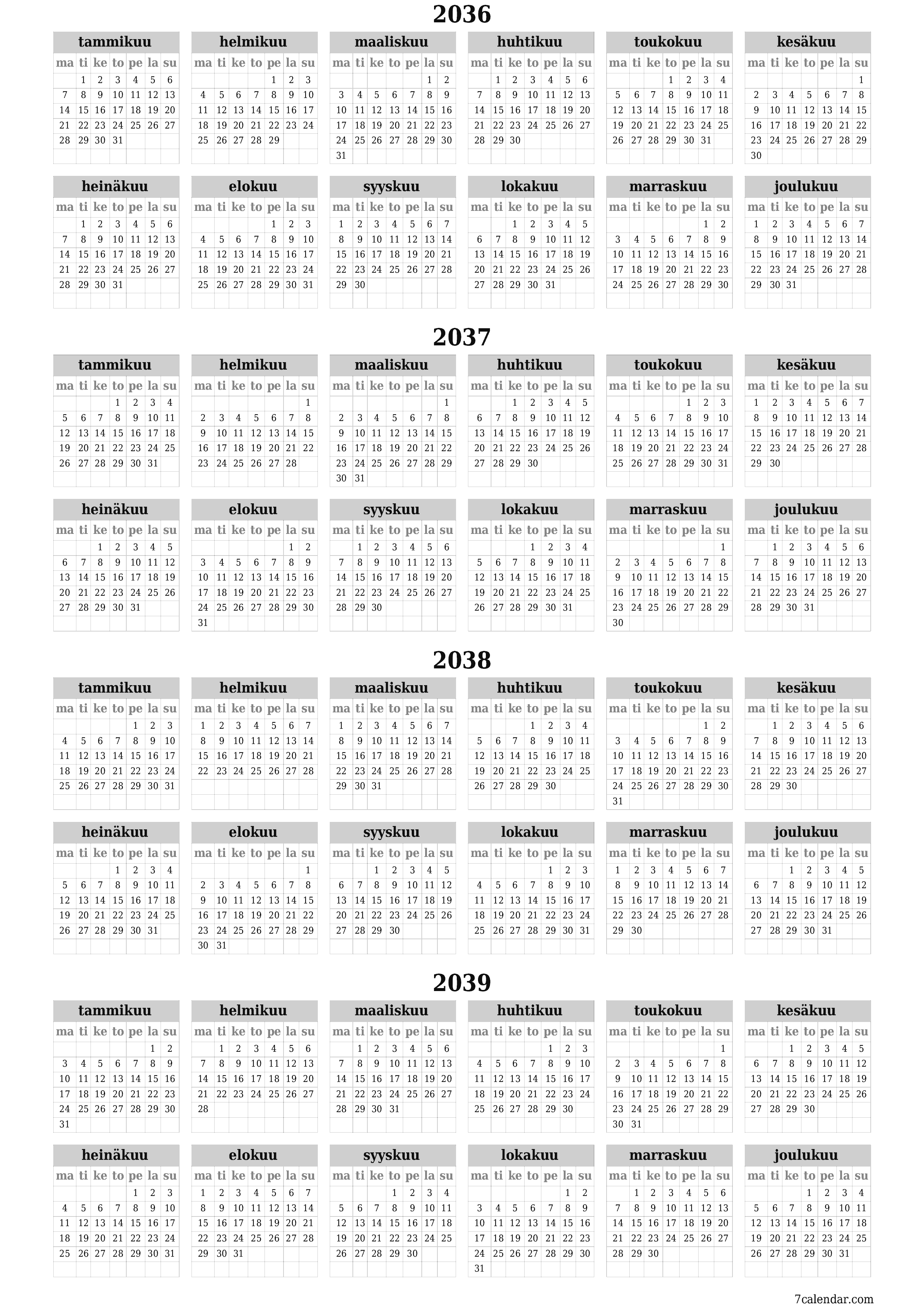 Tyhjä vuosisuunnittelukalenteri vuodelle 2036, 2037, 2038, 2039 muistiinpanoilla, tallenna ja tulosta PDF-muotoon PNG Finnish