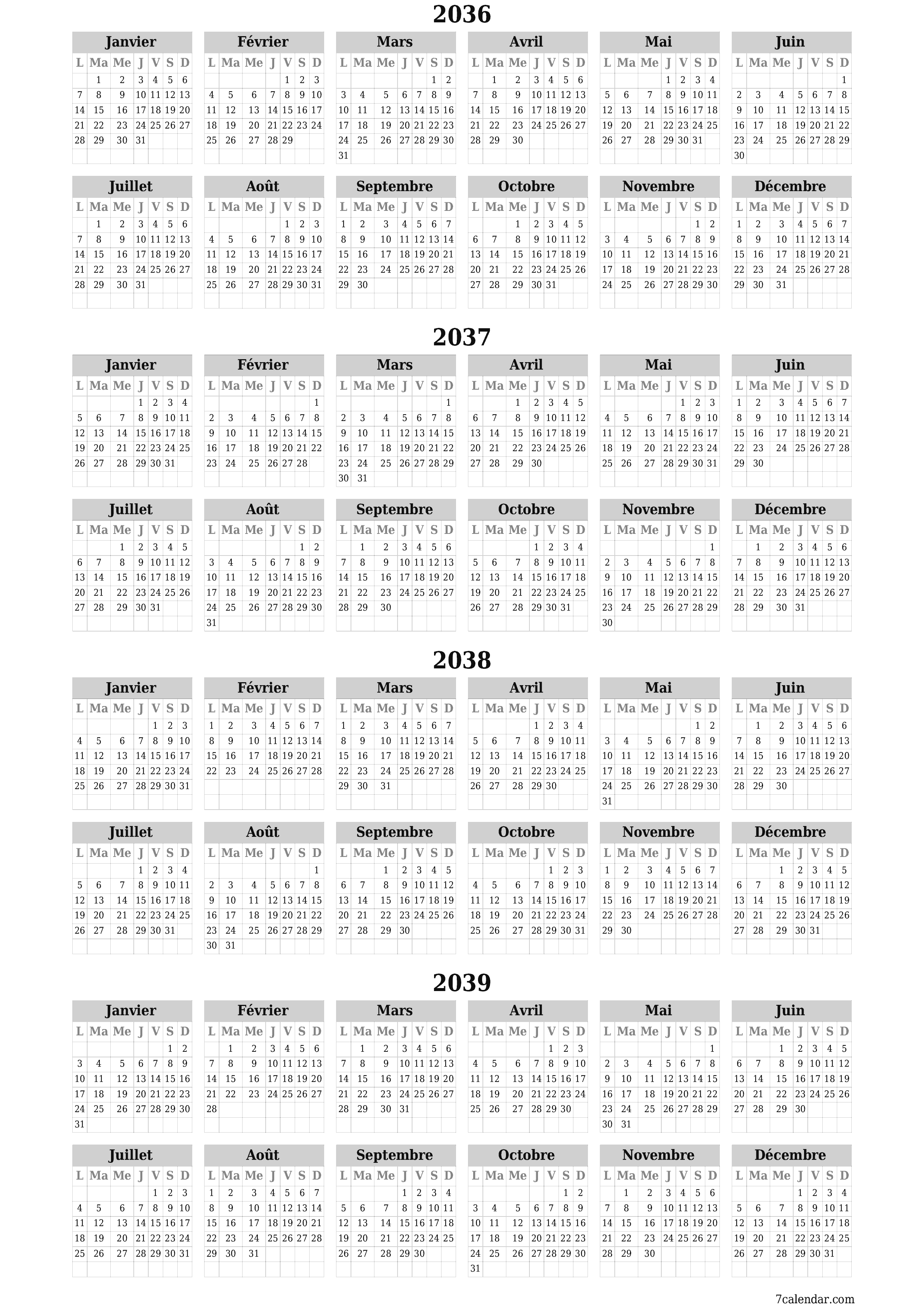 Calendrier annuel vide pour l'année 2036, 2037, 2038, 2039 avec notes, enregistrer et imprimer au format PDF PNG French