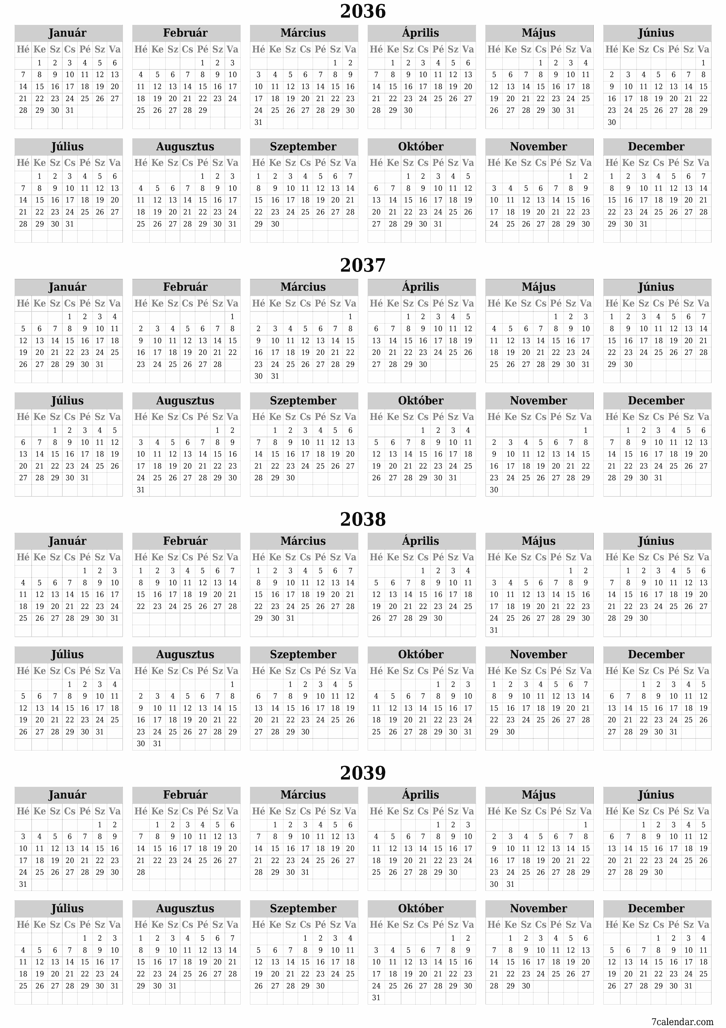 Üres éves tervezői naptár az évre 2036, 2037, 2038, 2039 jegyzetekkel, mentés és nyomtatás PDF-be PNG Hungarian