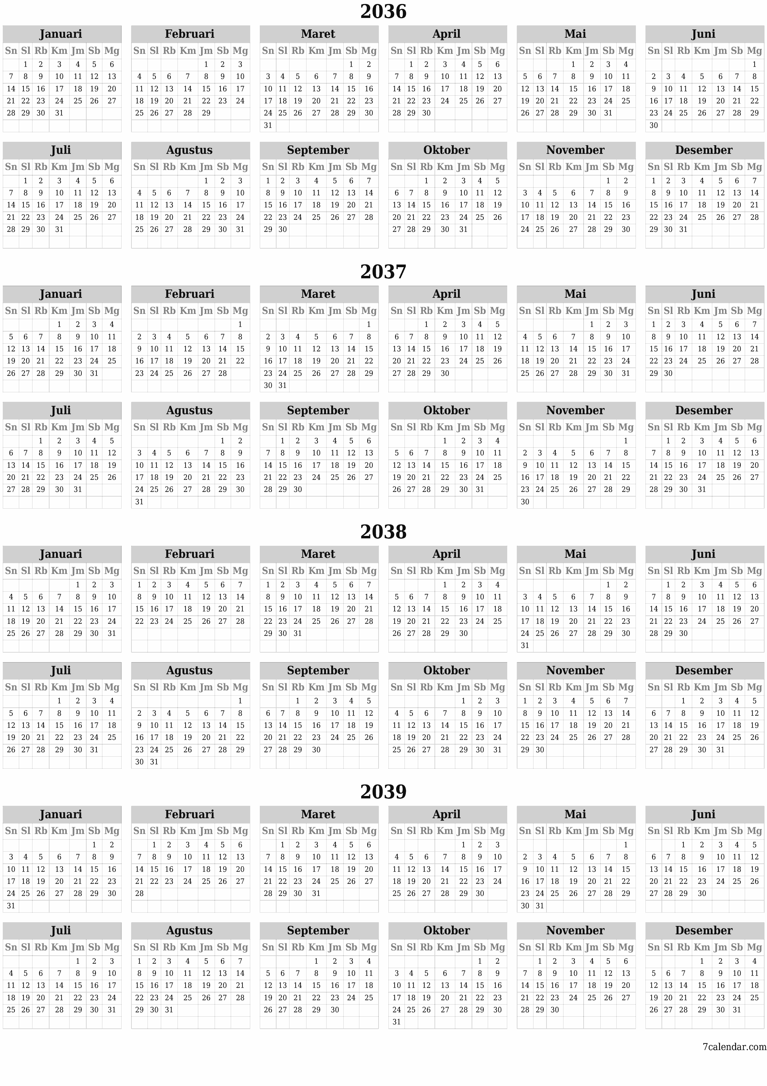 Kosongkan kalender perencana tahunan untuk tahun ini 2036, 2037, 2038, 2039 dengan catatan, simpan dan cetak ke PDF PNG Indonesian