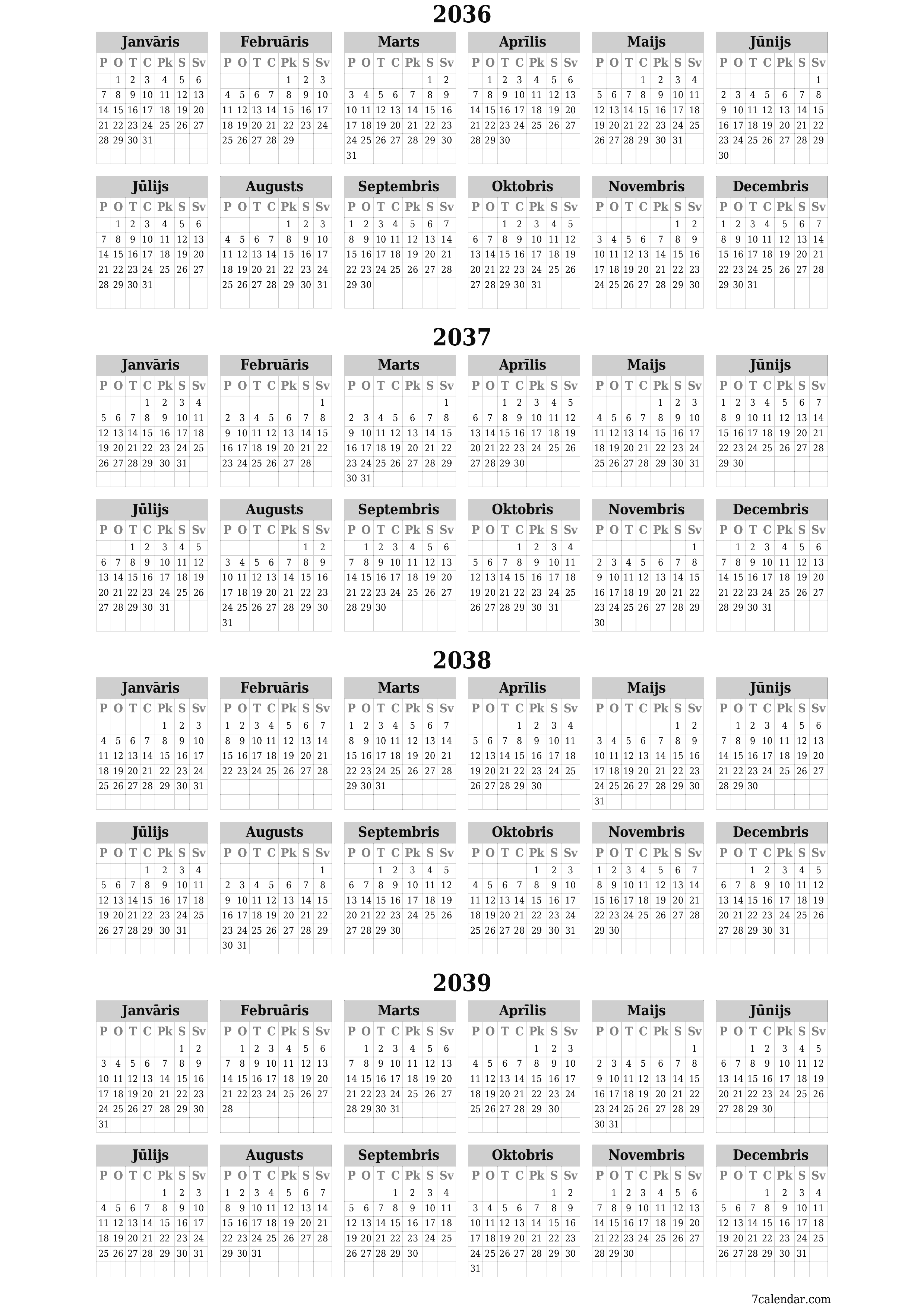 izdrukājams sienas kalendāra veidne bezmaksas vertikāli Gada kalendārs Jūnijs (Jūn) 2036