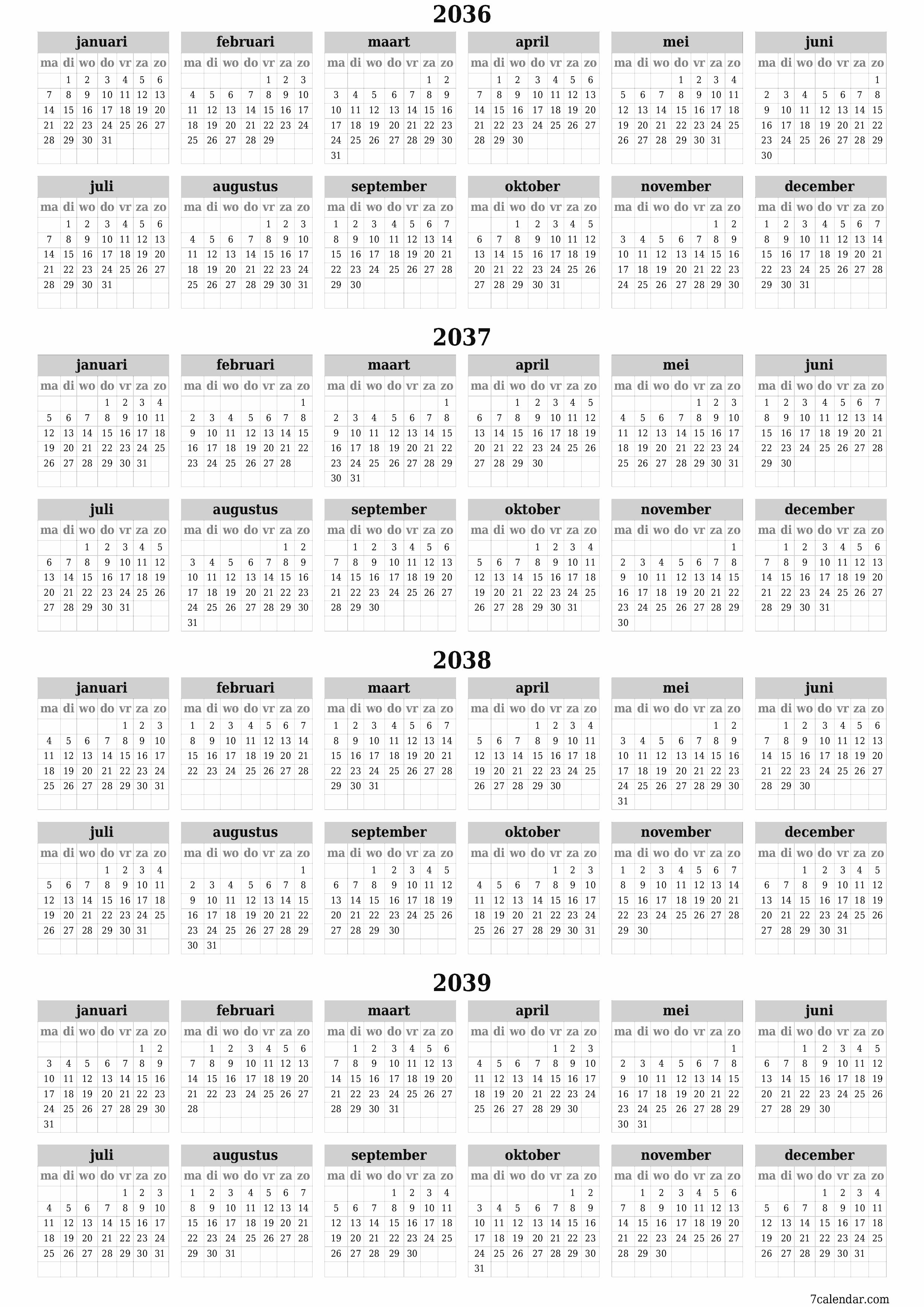 Lege jaarplanningskalender voor het jaar 2036, 2037, 2038, 2039 met notities, opslaan en afdrukken naar pdf PNG Dutch