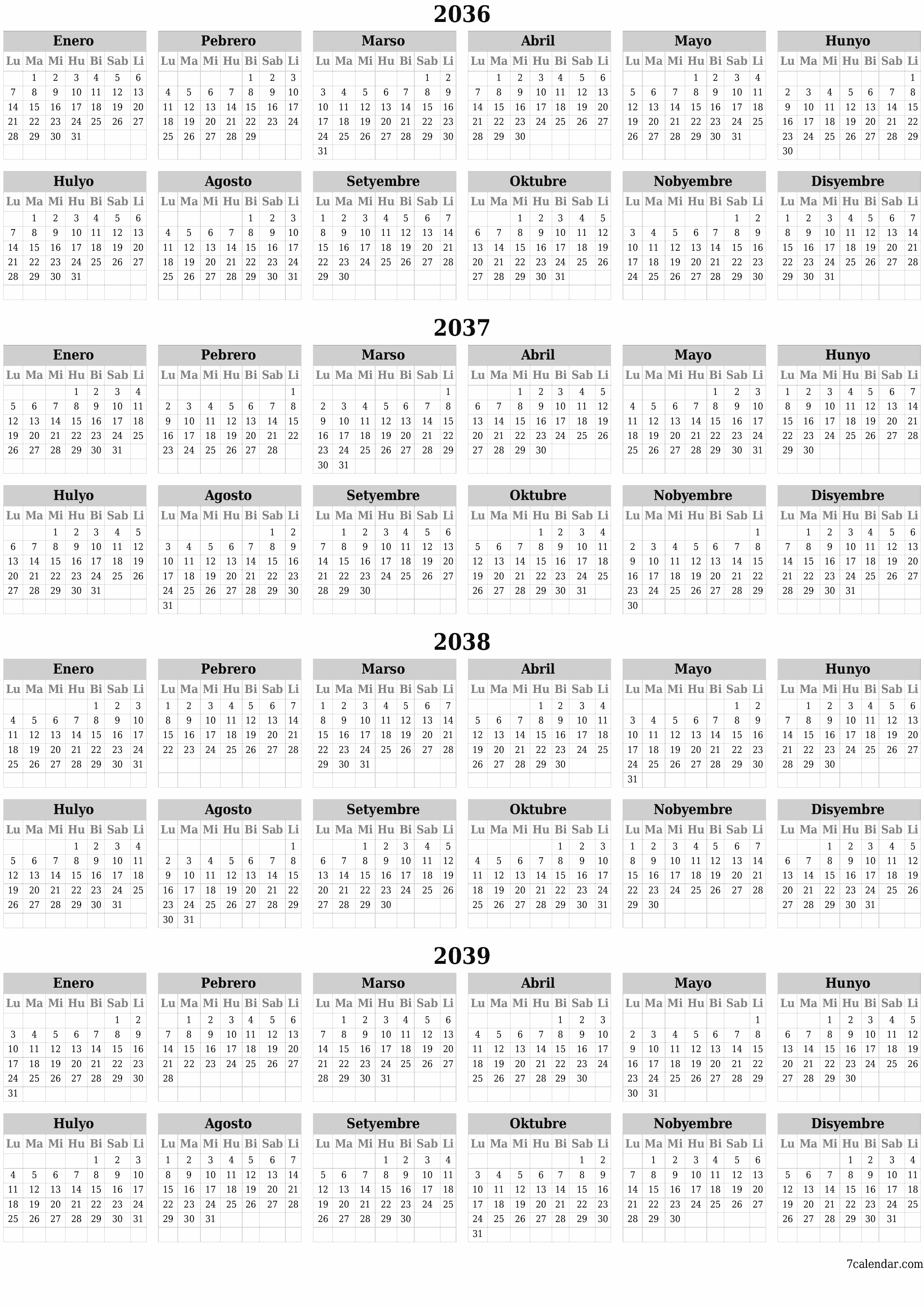 Walang laman ang taunang kalendaryo ng tagaplano para sa taong 2036, 2037, 2038, 2039 na may mga tala, i-save at i-print sa PDF PNG Filipino