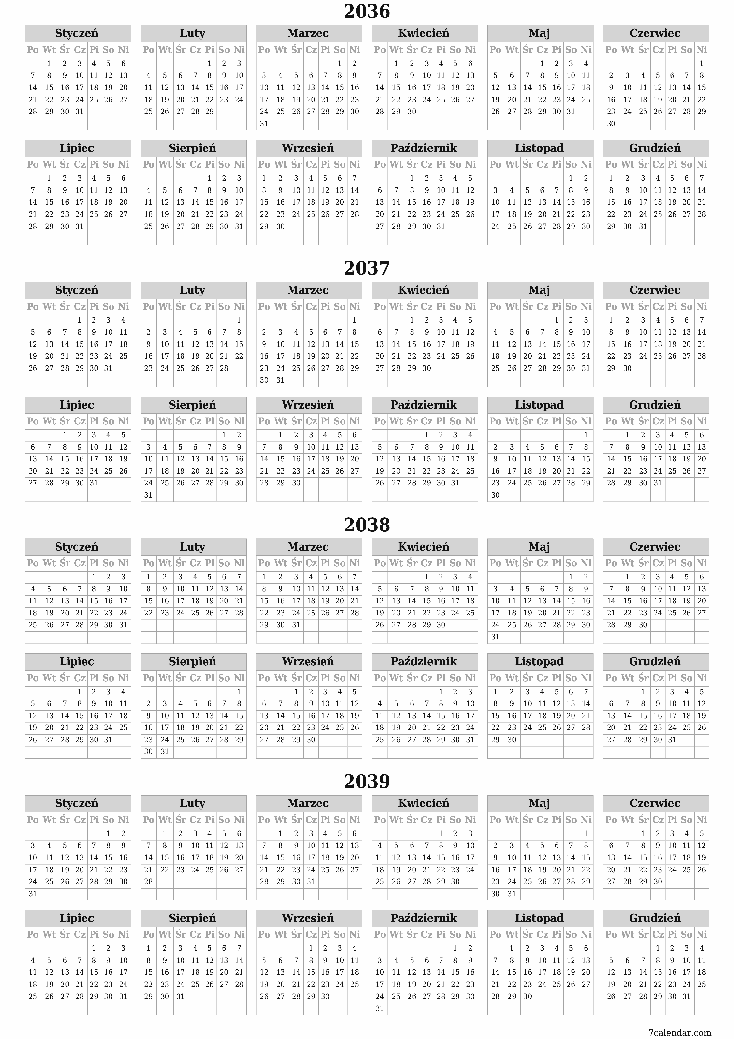 Opróżnij kalendarz rocznego planowania na rok 2036, 2037, 2038, 2039 z notatkami, zapisz i wydrukuj w formacie PDF PNG Polish