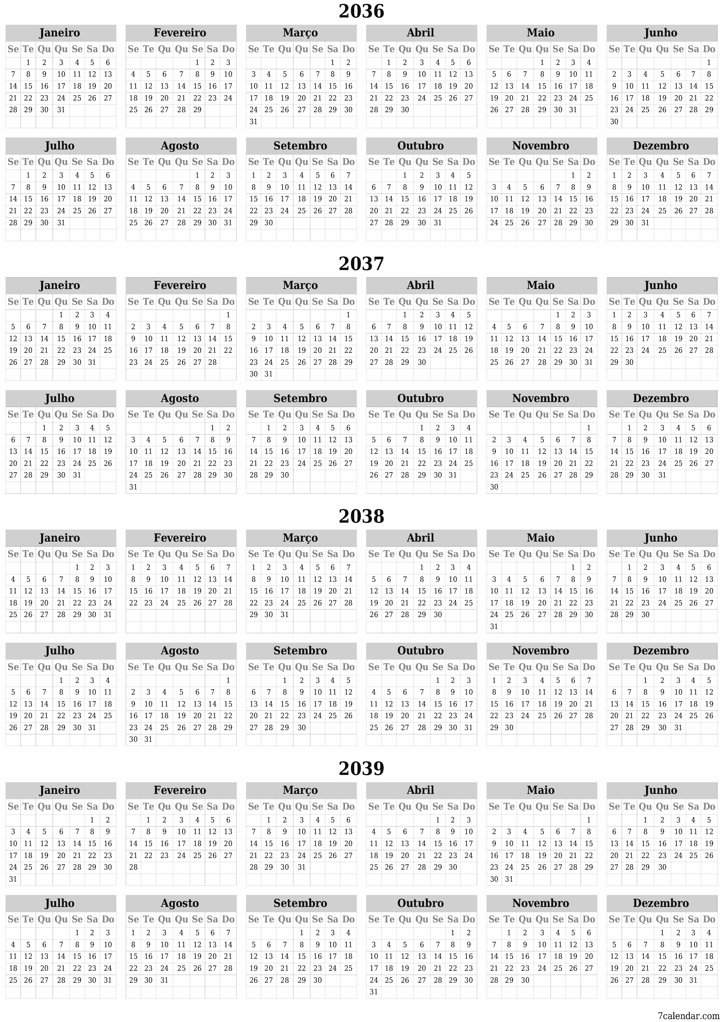 Calendário de planejador anual vazio para o ano 2036, 2037, 2038, 2039 com notas, salve e imprima em PDF PNG Portuguese