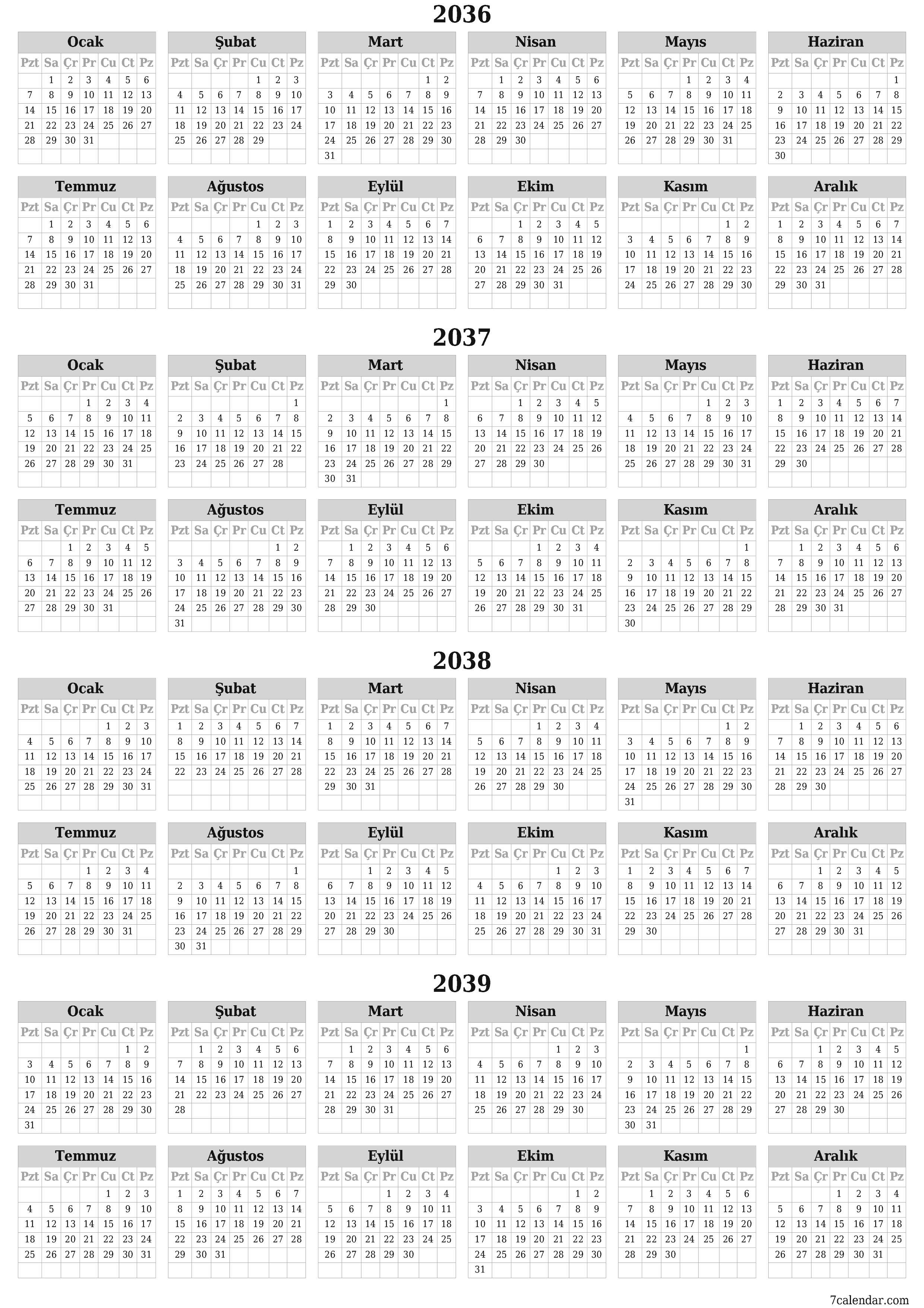 Notlarla 2036, 2037, 2038, 2039 yıl için yıllık planlayıcı takvimini boşaltın, kaydedin ve PDF olarak yazdırın PNG Turkish