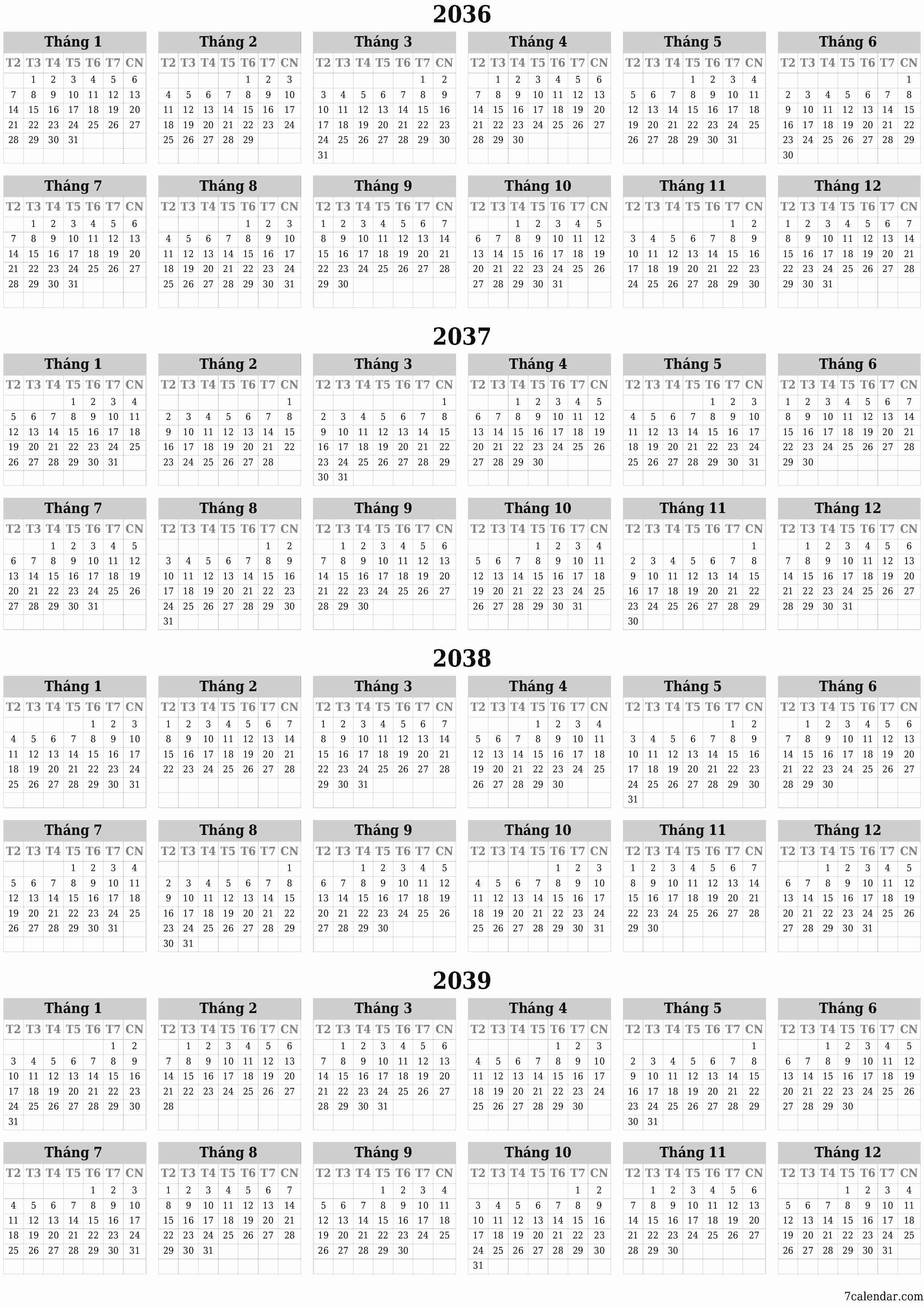 Lịch kế hoạch hàng năm trống cho năm 2036, 2037, 2038, 2039 có ghi chú, lưu và in sang PDF PNG Vietnamese