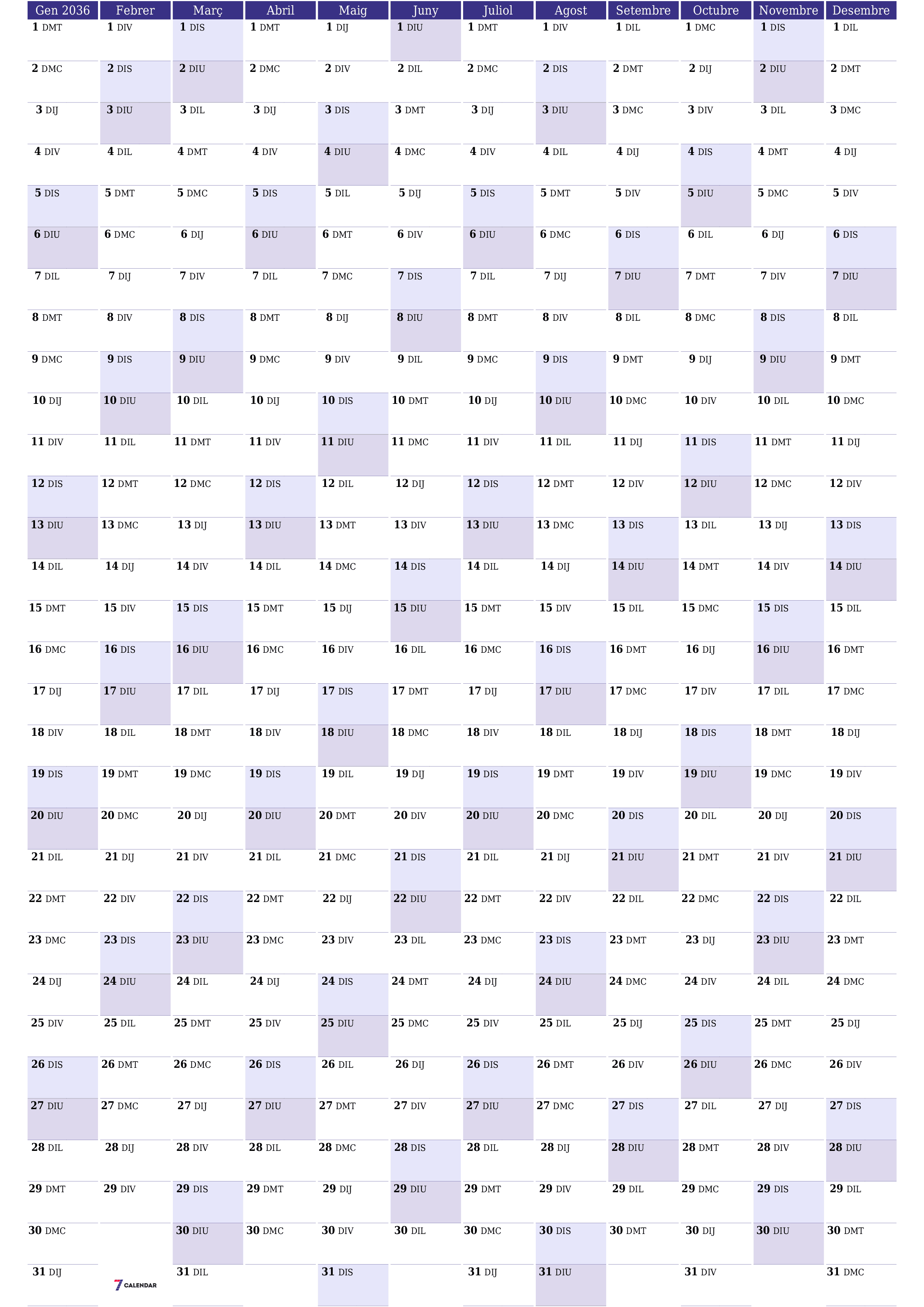 Planificador anual buit 2036 amb notes desades i imprimides en PDF PNG Catalan