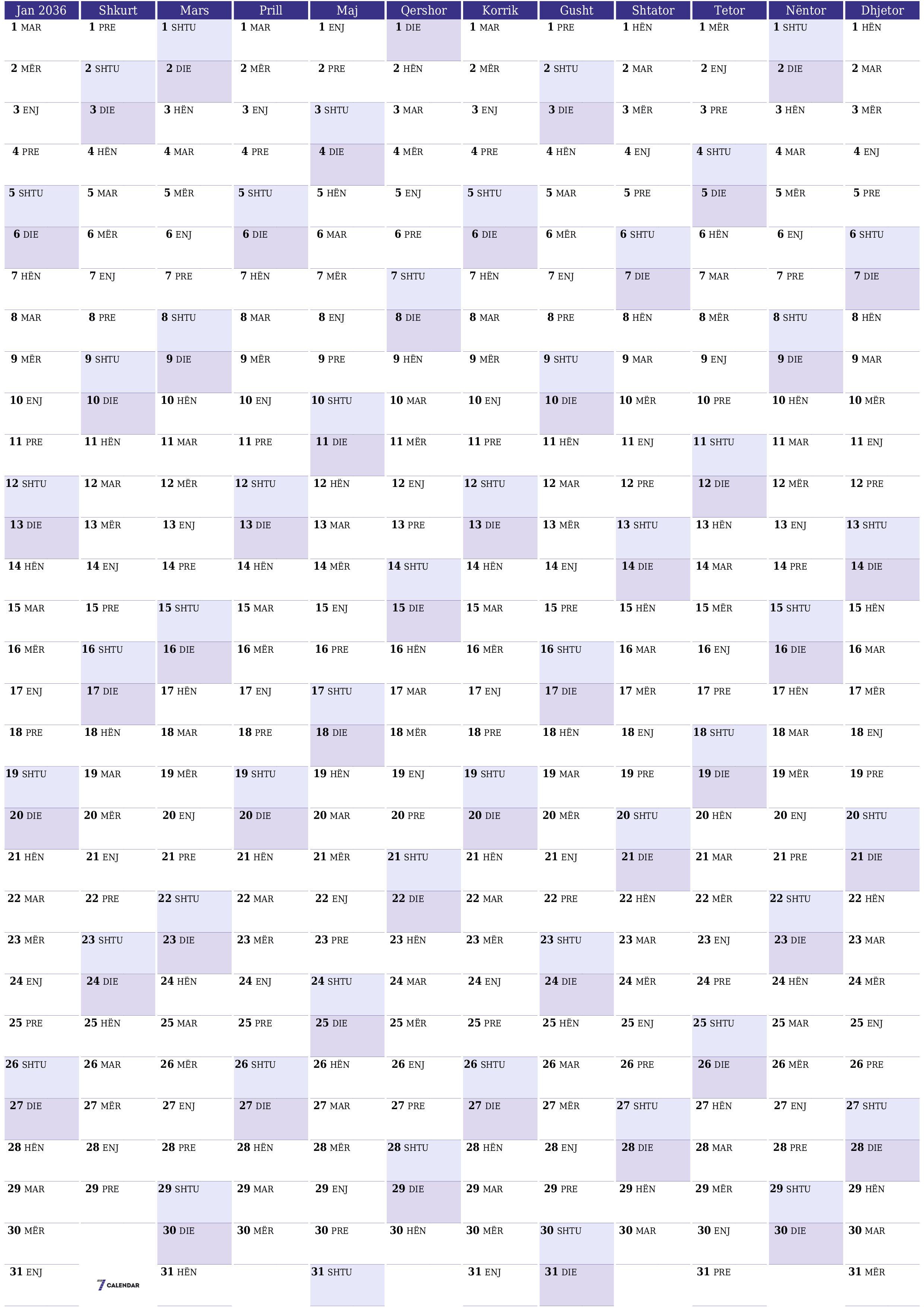 Planifikuesi bosh i kalendarit vjetor për vitin 2036 me shënime, ruani dhe printoni në PDF PNG Albanian