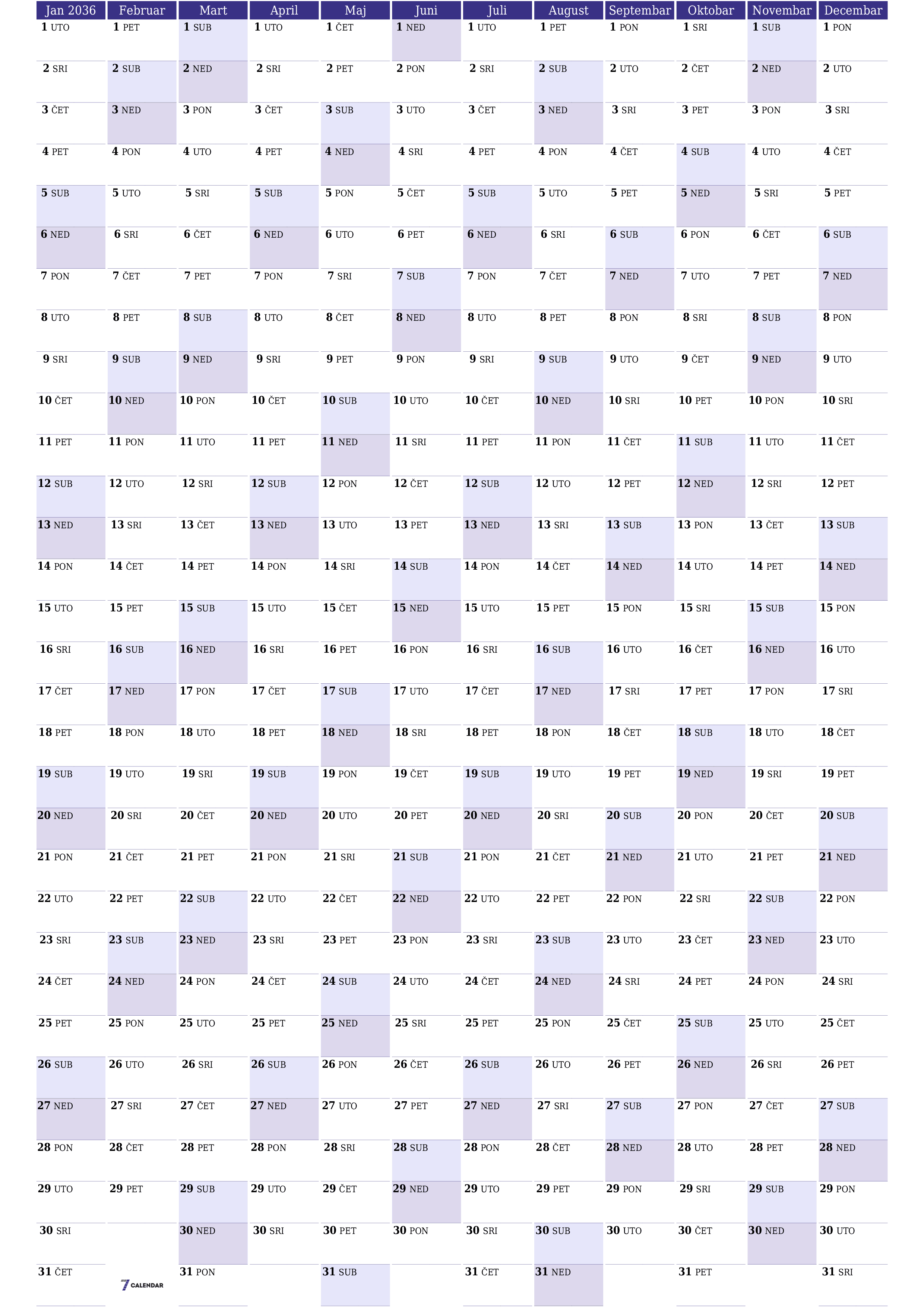 Ispraznite godišnji kalendar planera za godinu 2036 s bilješkama, spremite i ispišite u PDF PNG Bosnian