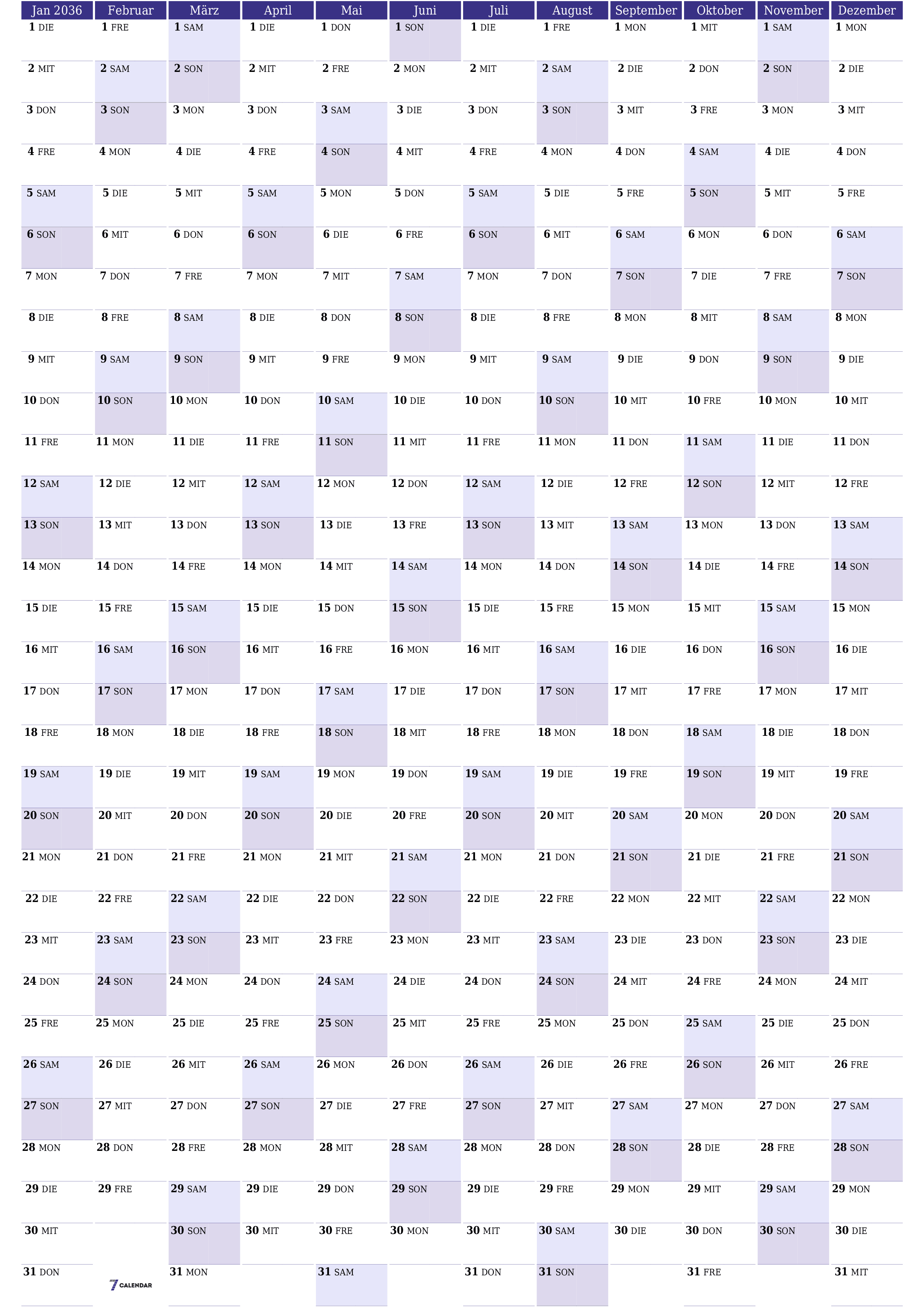 Jahresplanerkalender für das Jahr 2036 mit Notizen leeren, speichern und als PDF PNG German - 7calendar.com drucken