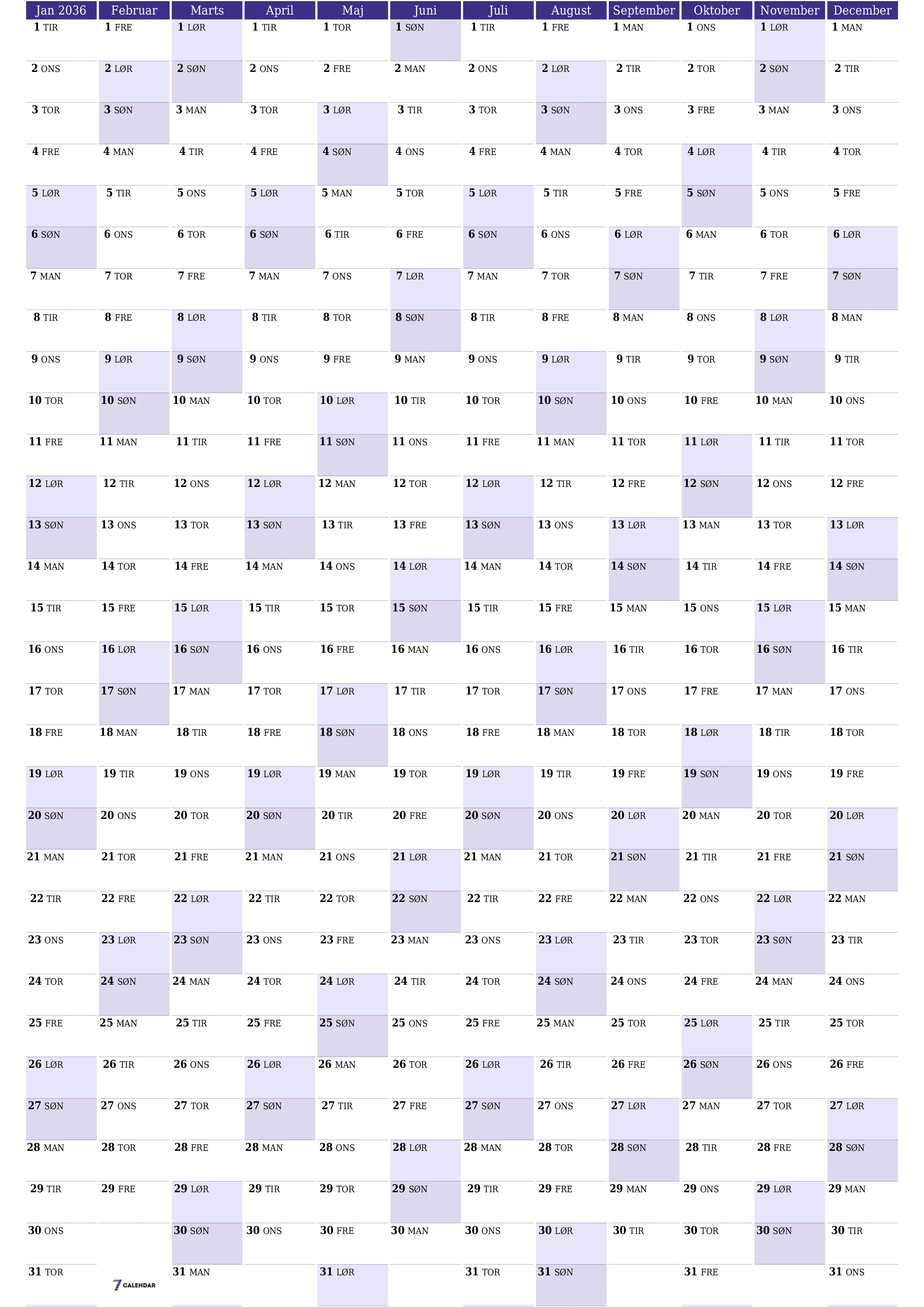 Tom årlig planlægningskalender for året 2036 med noter, gem og udskriv til PDF PNG Danish