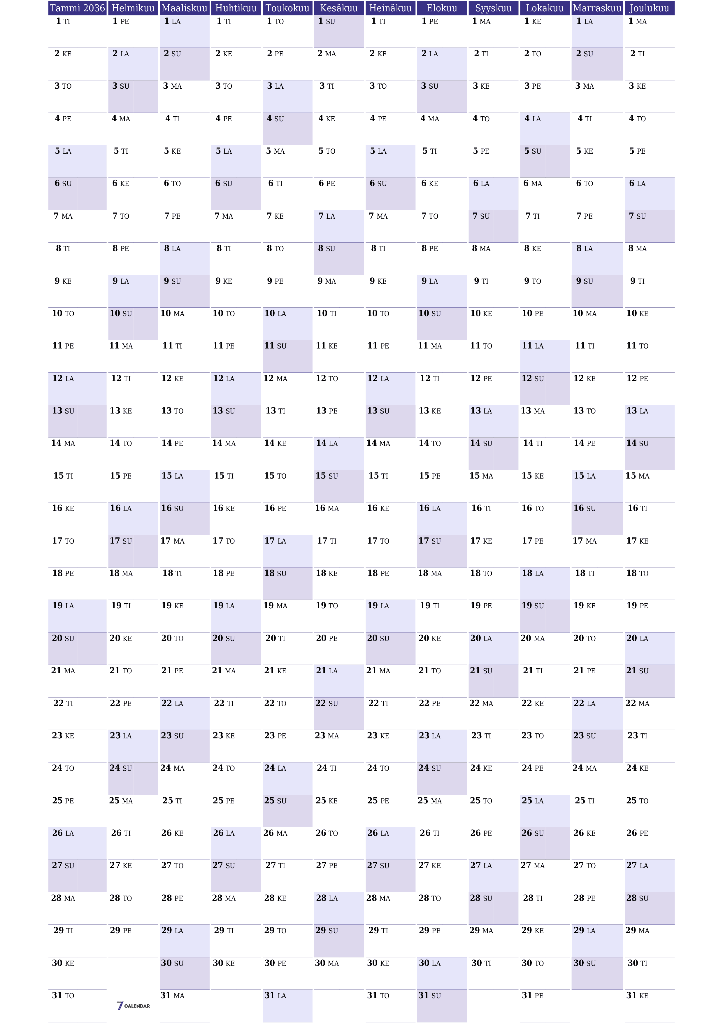 Tyhjä vuosisuunnittelukalenteri vuodelle 2036 muistiinpanoilla, tallenna ja tulosta PDF-muotoon PNG Finnish