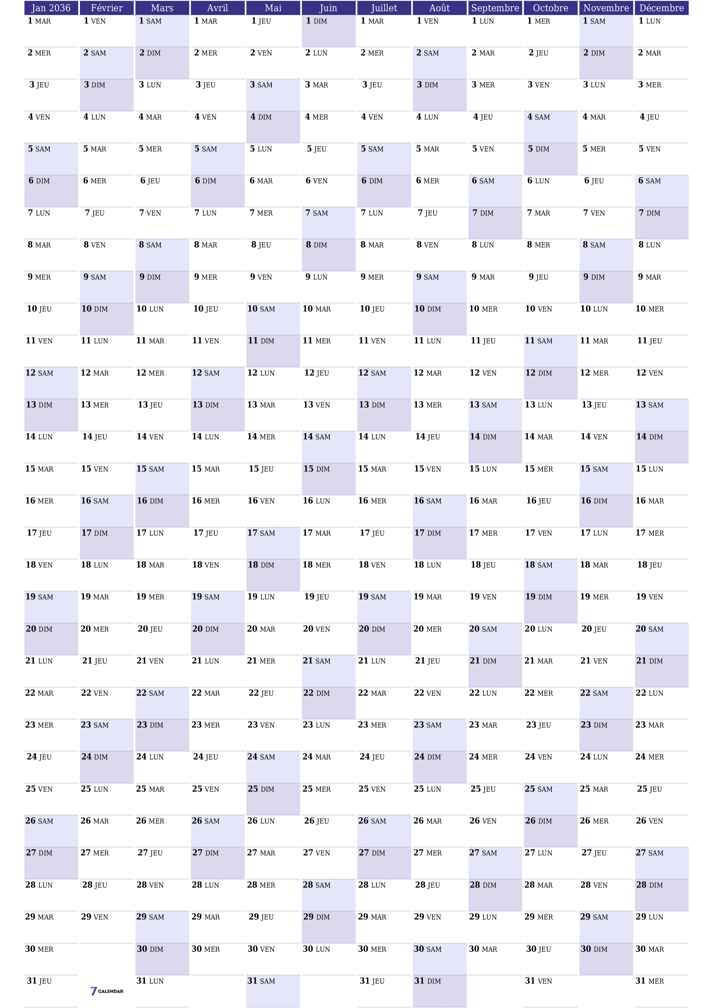 Calendrier annuel vide pour l'année 2036 avec notes, enregistrer et imprimer au format PDF PNG French