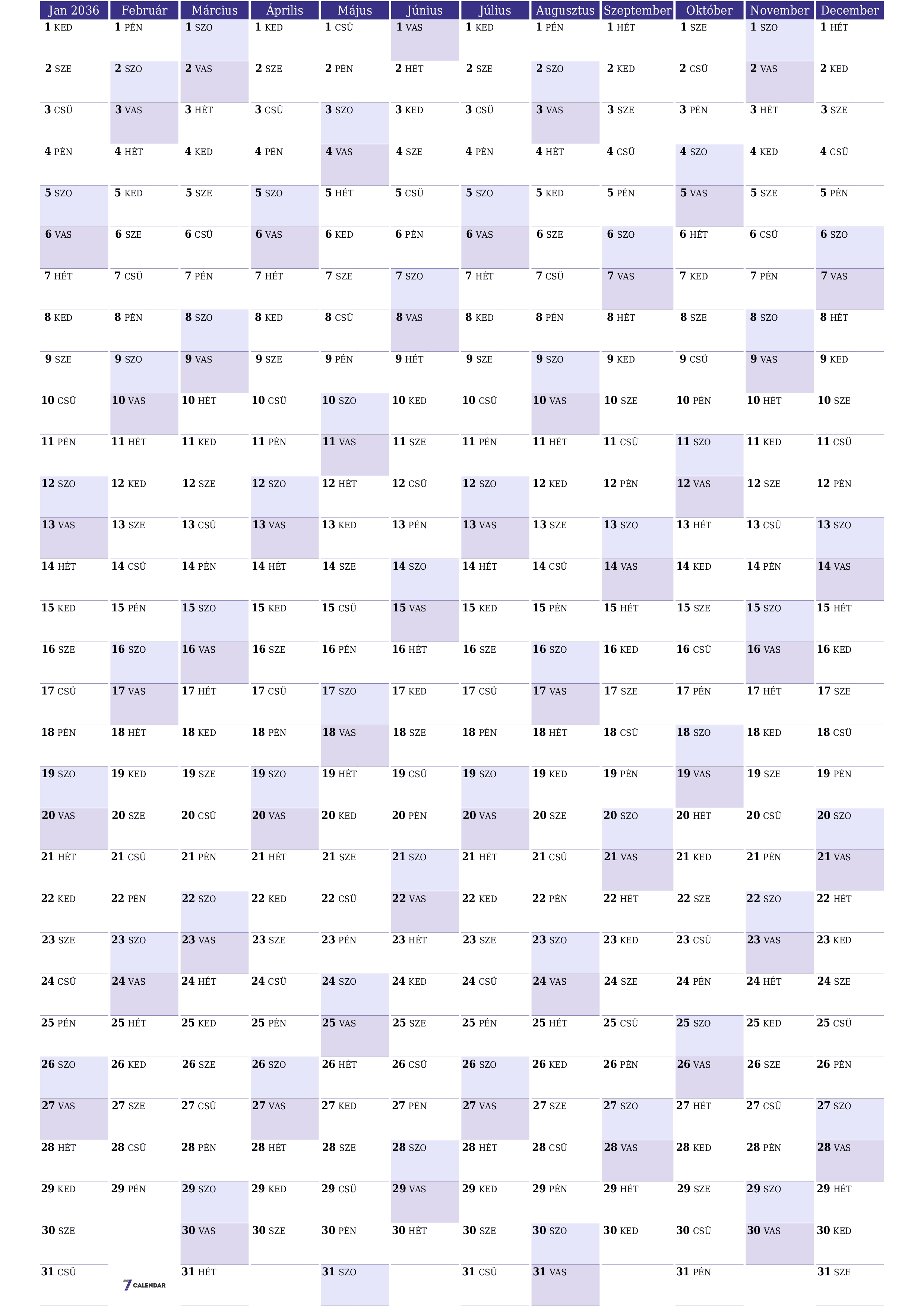 Üres éves tervezői naptár az évre 2036 jegyzetekkel, mentés és nyomtatás PDF-be PNG Hungarian