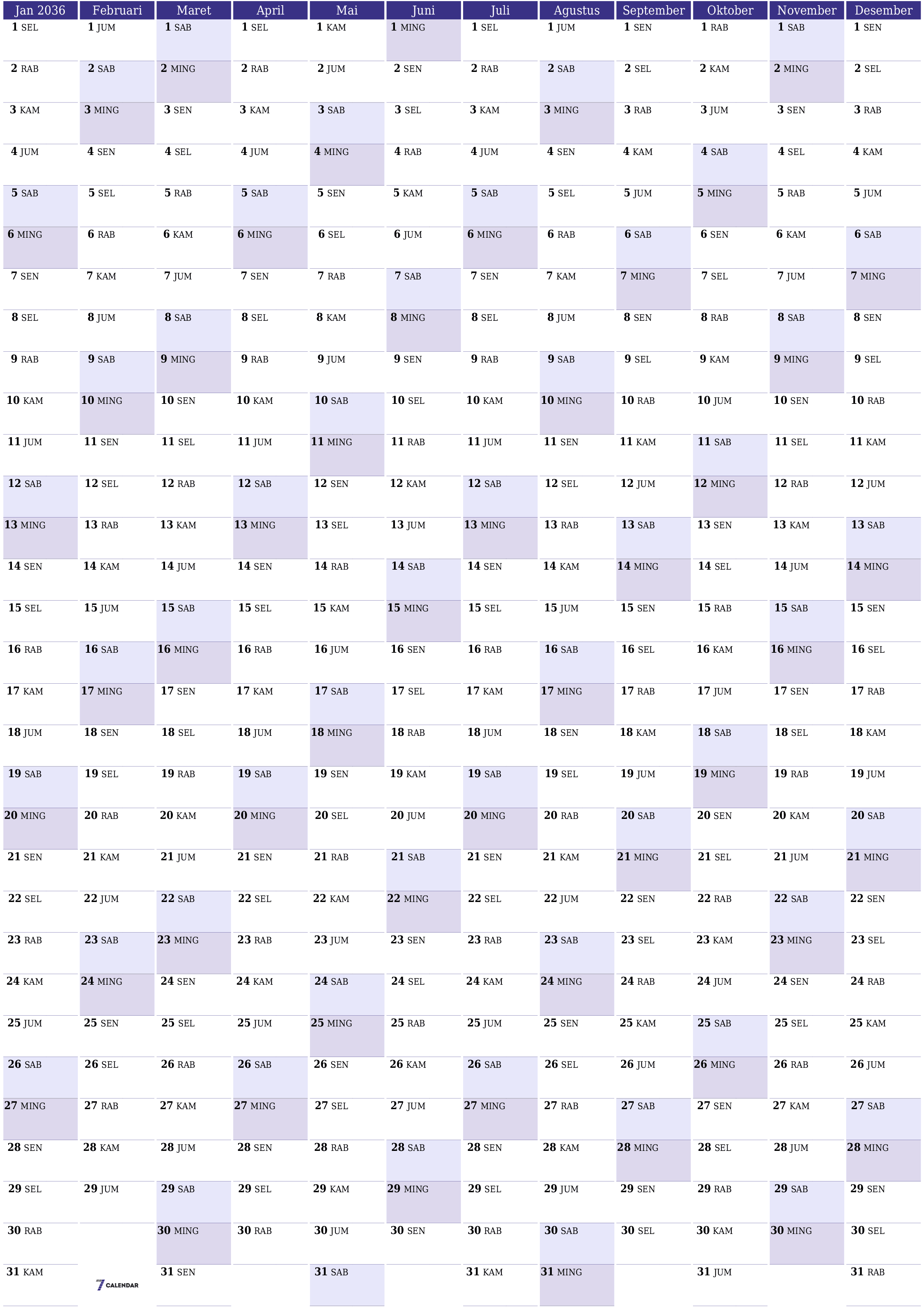 Kosongkan kalender perencana tahunan untuk tahun ini 2036 dengan catatan, simpan dan cetak ke PDF PNG Indonesian