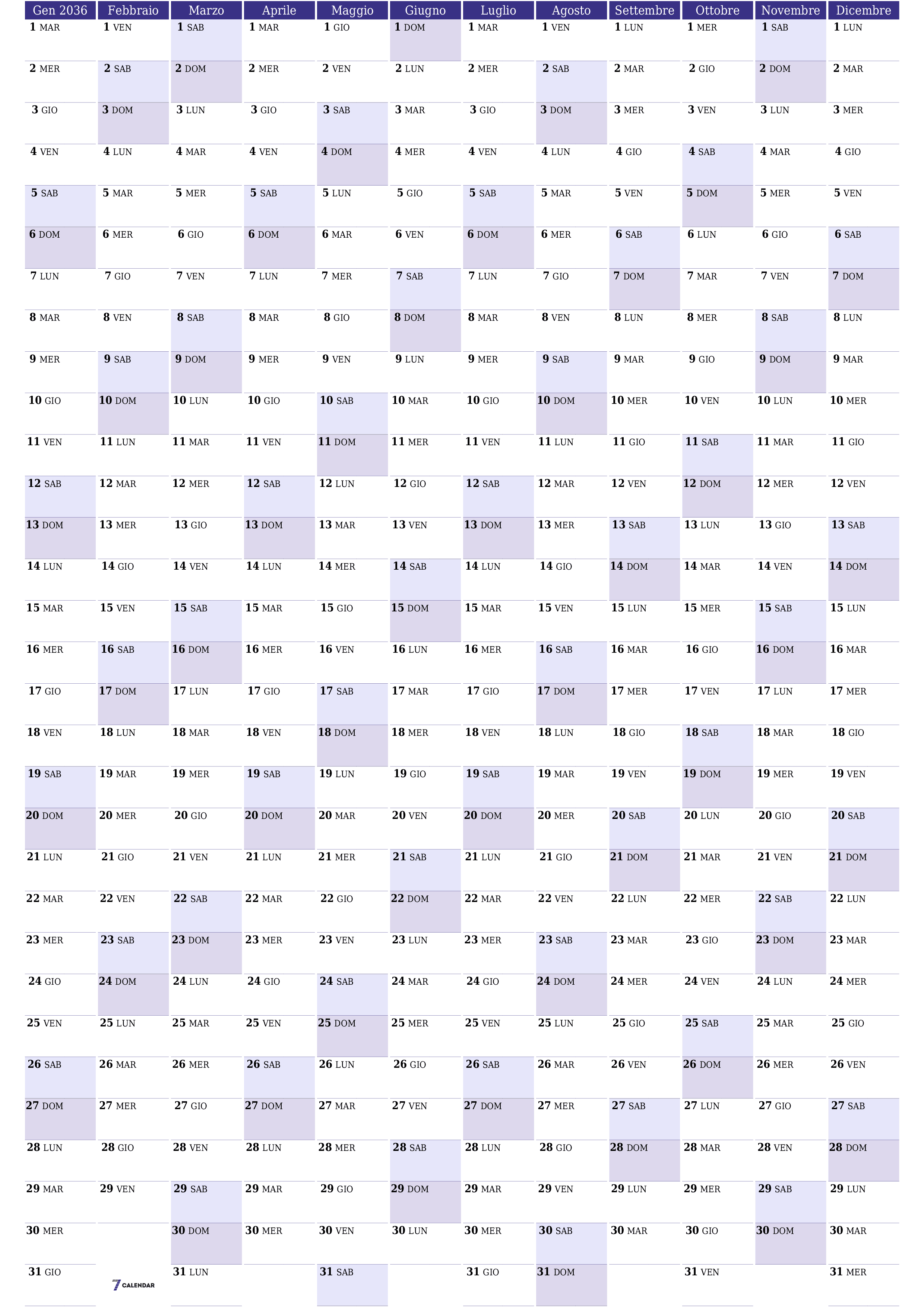  stampabile da parete modello di gratuitoverticale Annuale pianificatore calendario Giugno (Giu) 2036