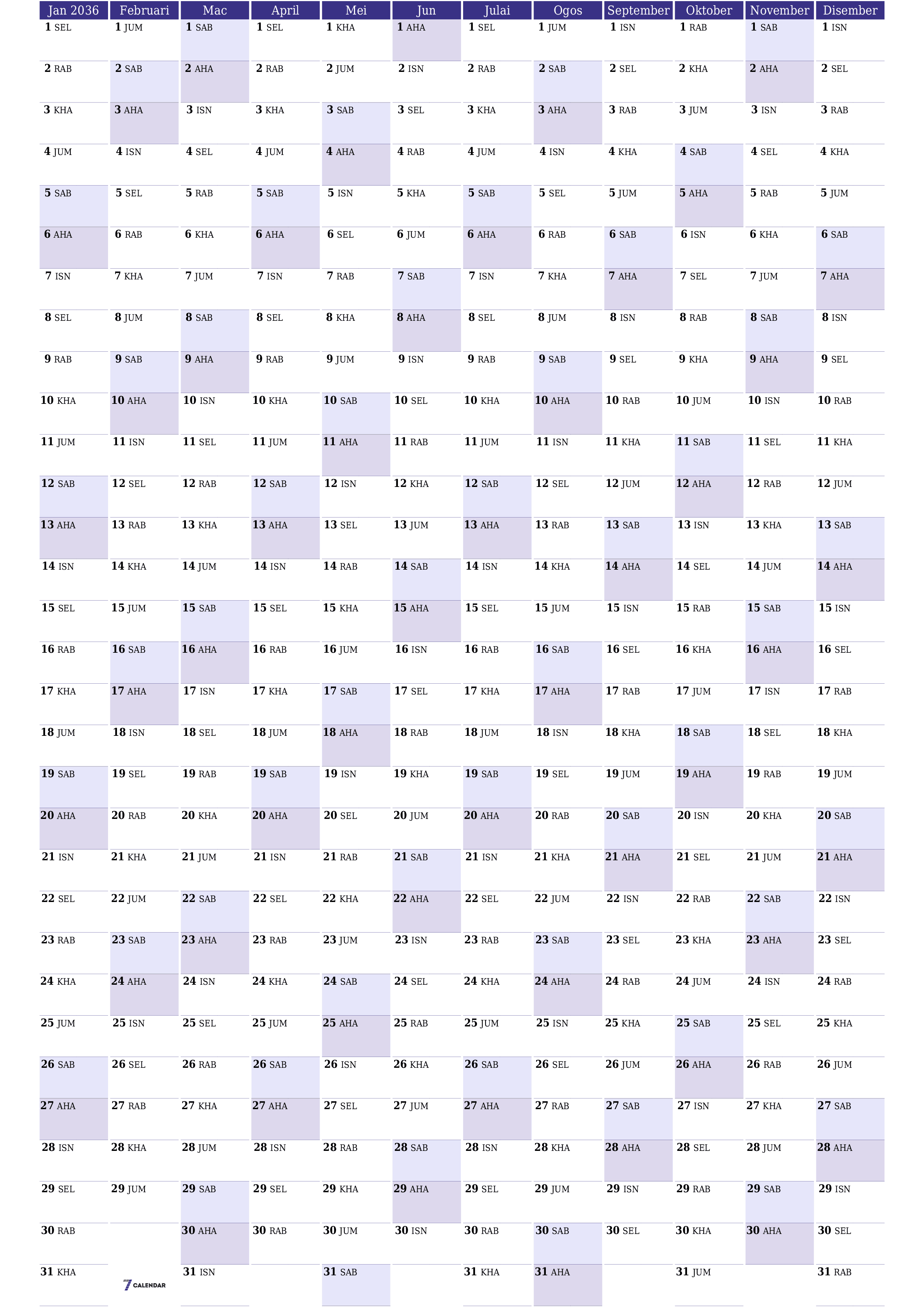 Kalendar perancang tahunan kosong untuk tahun ini 2036 dengan nota, simpan dan cetak ke PDF PNG Malay