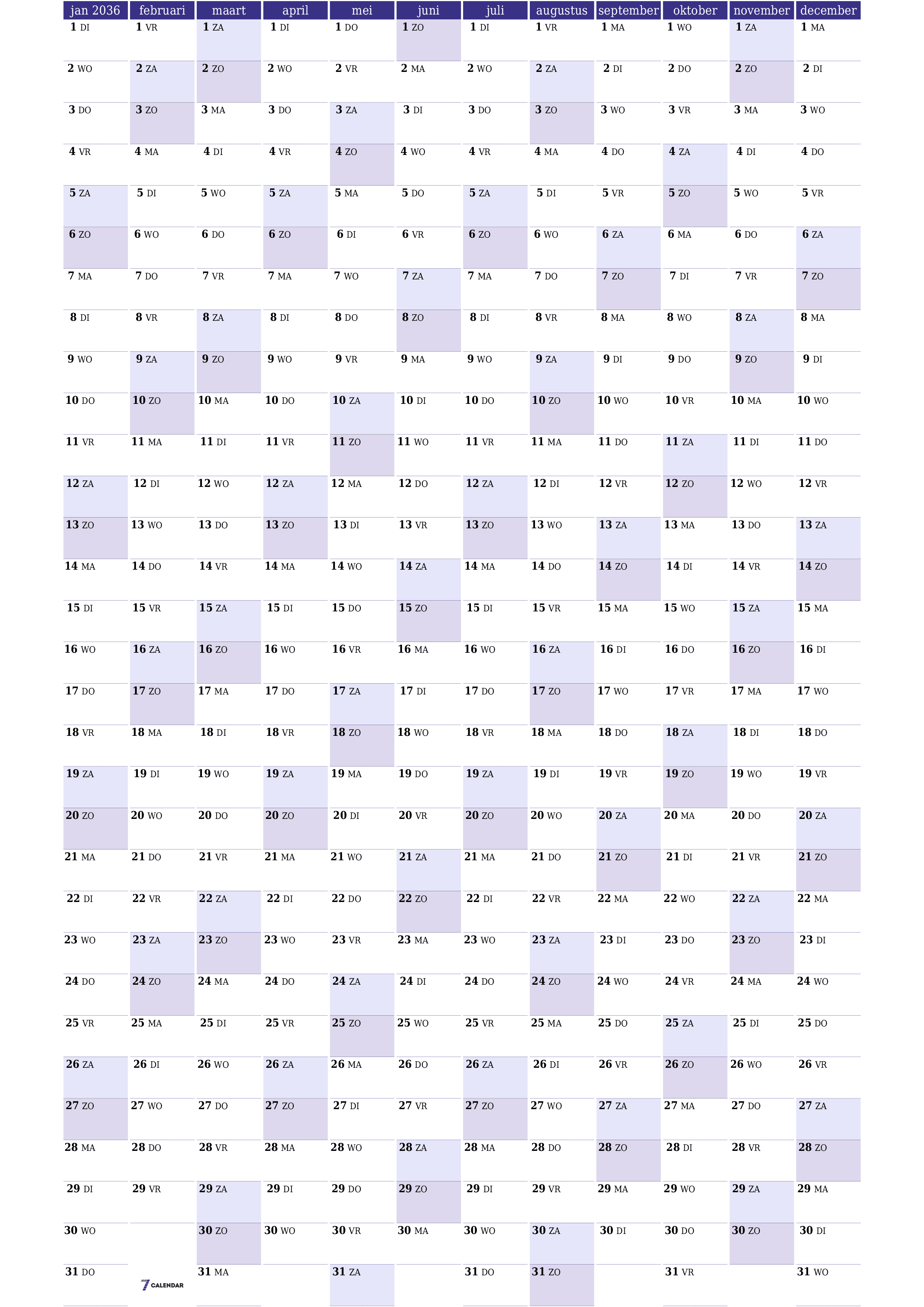 Lege jaarplanningskalender voor het jaar 2036 met notities, opslaan en afdrukken naar pdf PNG Dutch