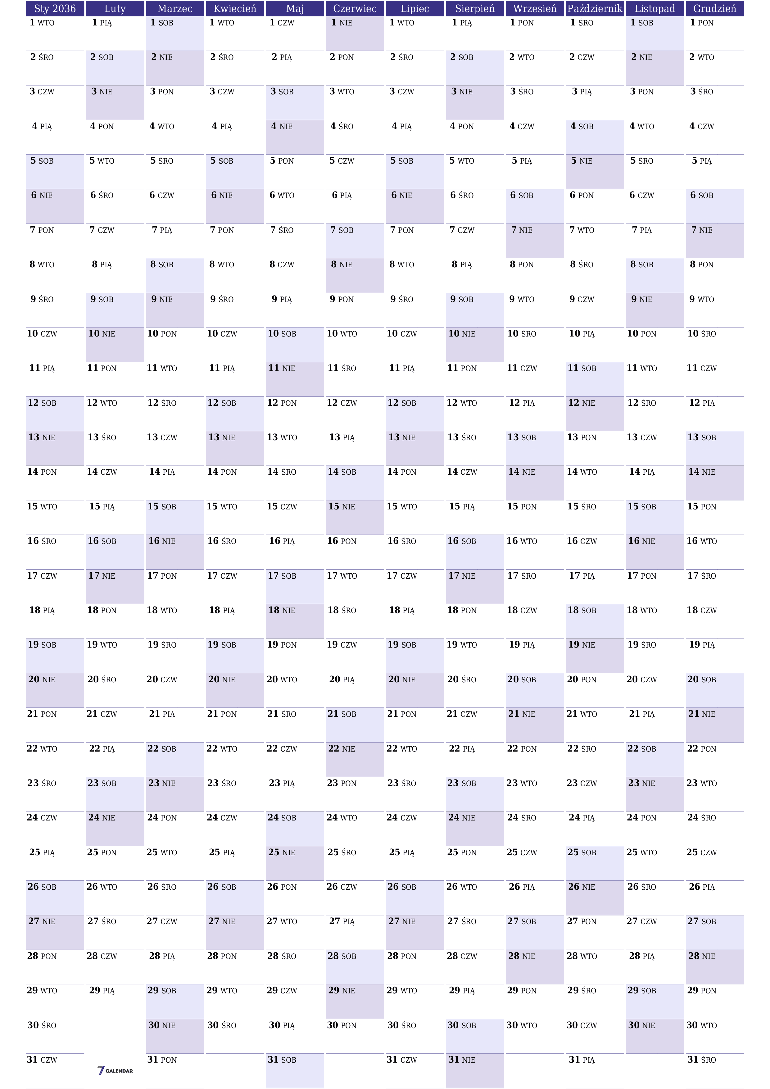 Opróżnij kalendarz rocznego planowania na rok 2036 z notatkami, zapisz i wydrukuj w formacie PDF PNG Polish