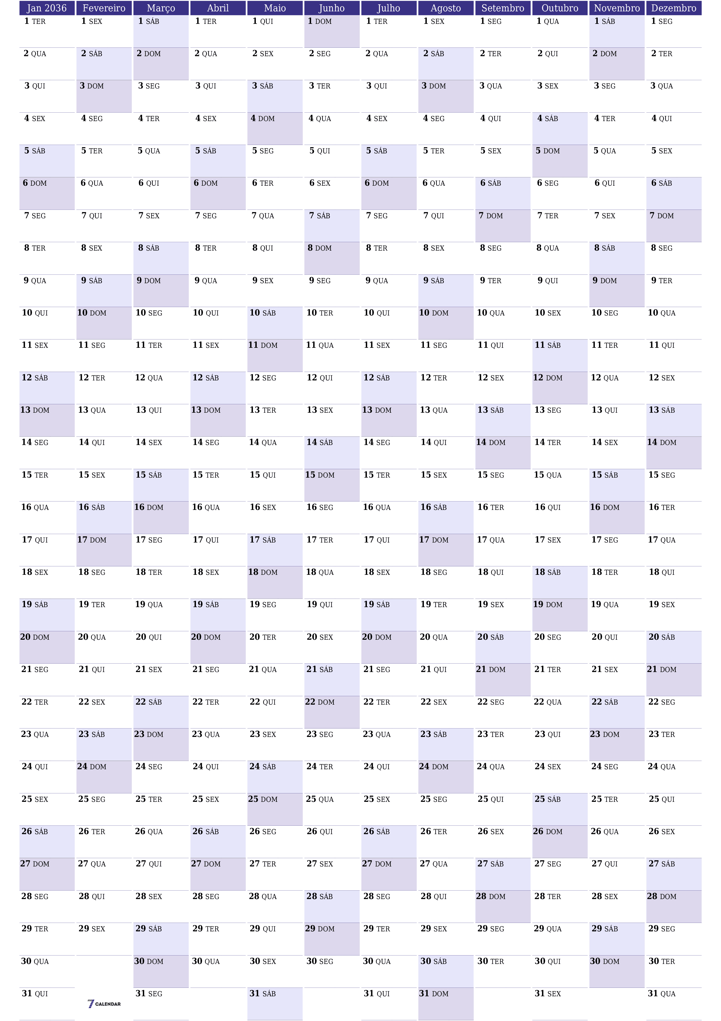 Calendário de planejador anual vazio para o ano 2036 com notas, salve e imprima em PDF PNG Portuguese