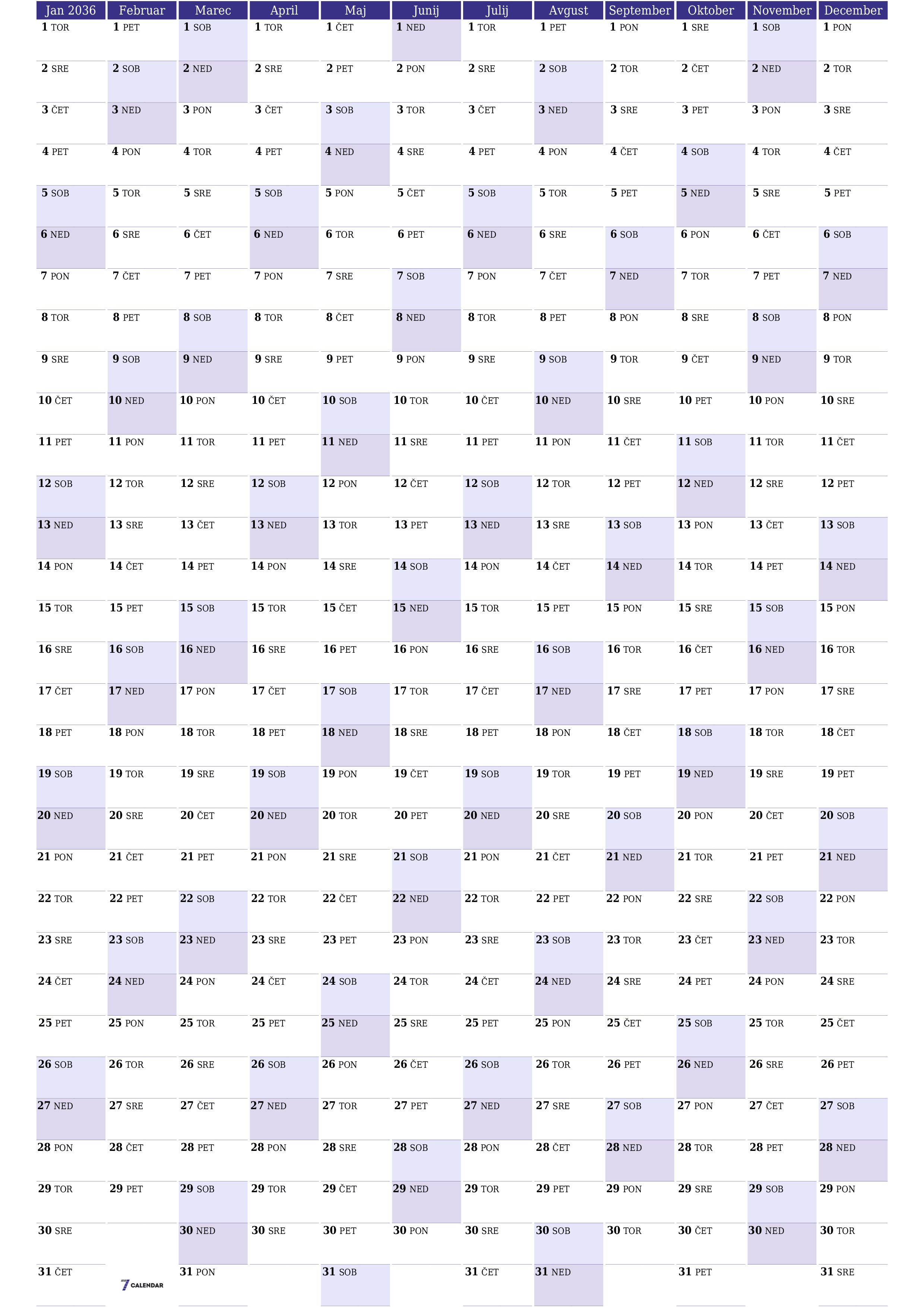 Prazen letni načrtovalec koledarja za leto 2036 z opombami za tiskanje v PDF-ju PNG Slovenian