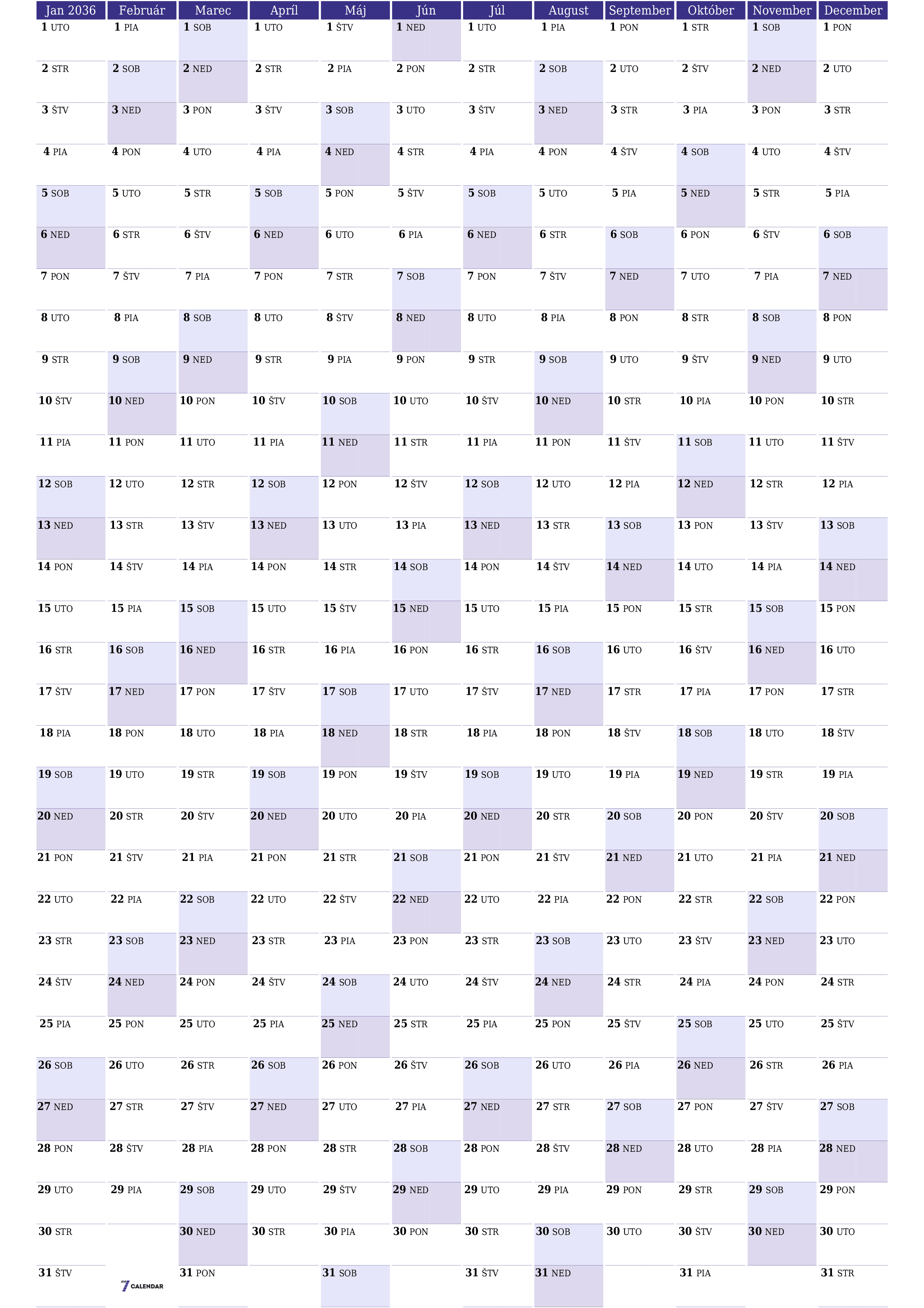 Prázdny ročný kalendár plánovača na rok 2036 s poznámkami, uložením a tlačou do formátu PDF PNG Slovak