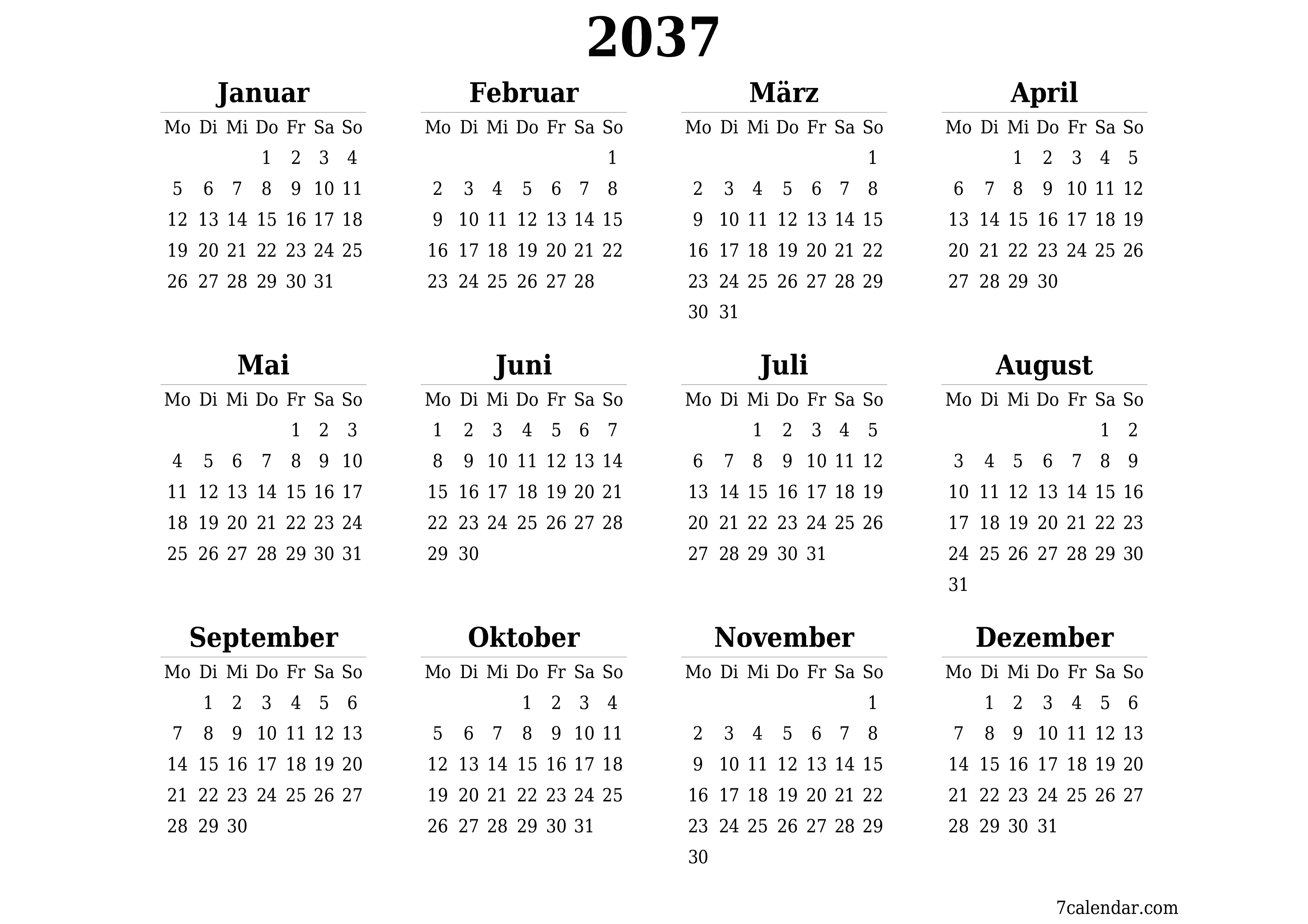 Jahresplanerkalender für das Jahr 2037 mit Notizen leeren, speichern und als PDF PNG German - 7calendar.com drucken