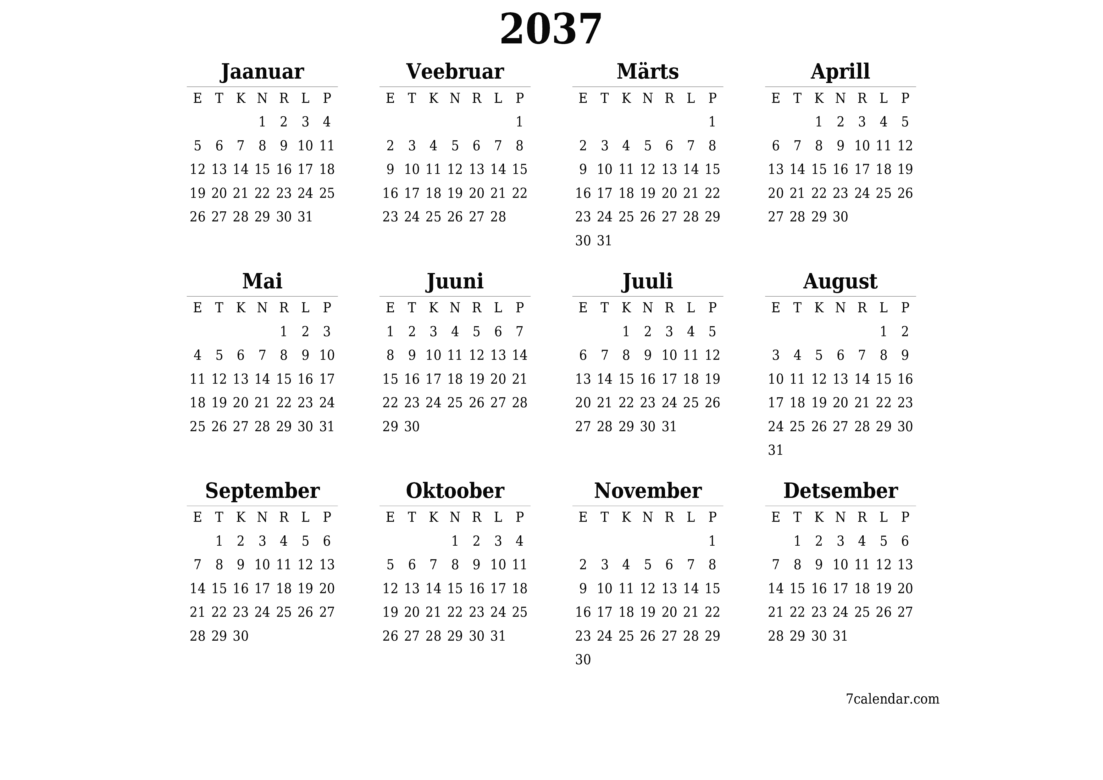 Tühi aasta planeerija kalender aastaks 2037 koos märkmetega, salvestage ja printige PDF-i PNG Estonian