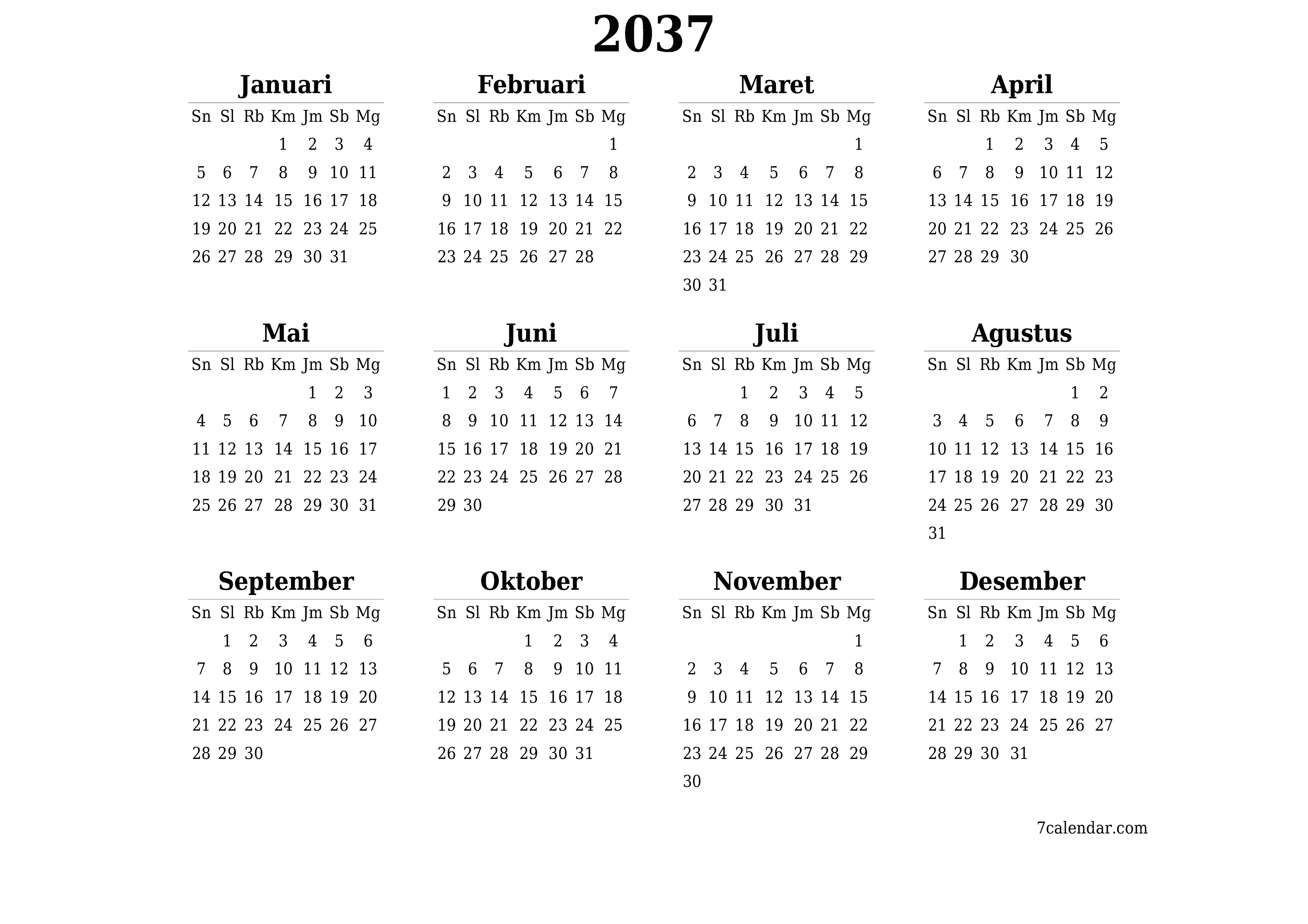 Kosongkan kalender perencana tahunan untuk tahun ini 2037 dengan catatan, simpan dan cetak ke PDF PNG Indonesian