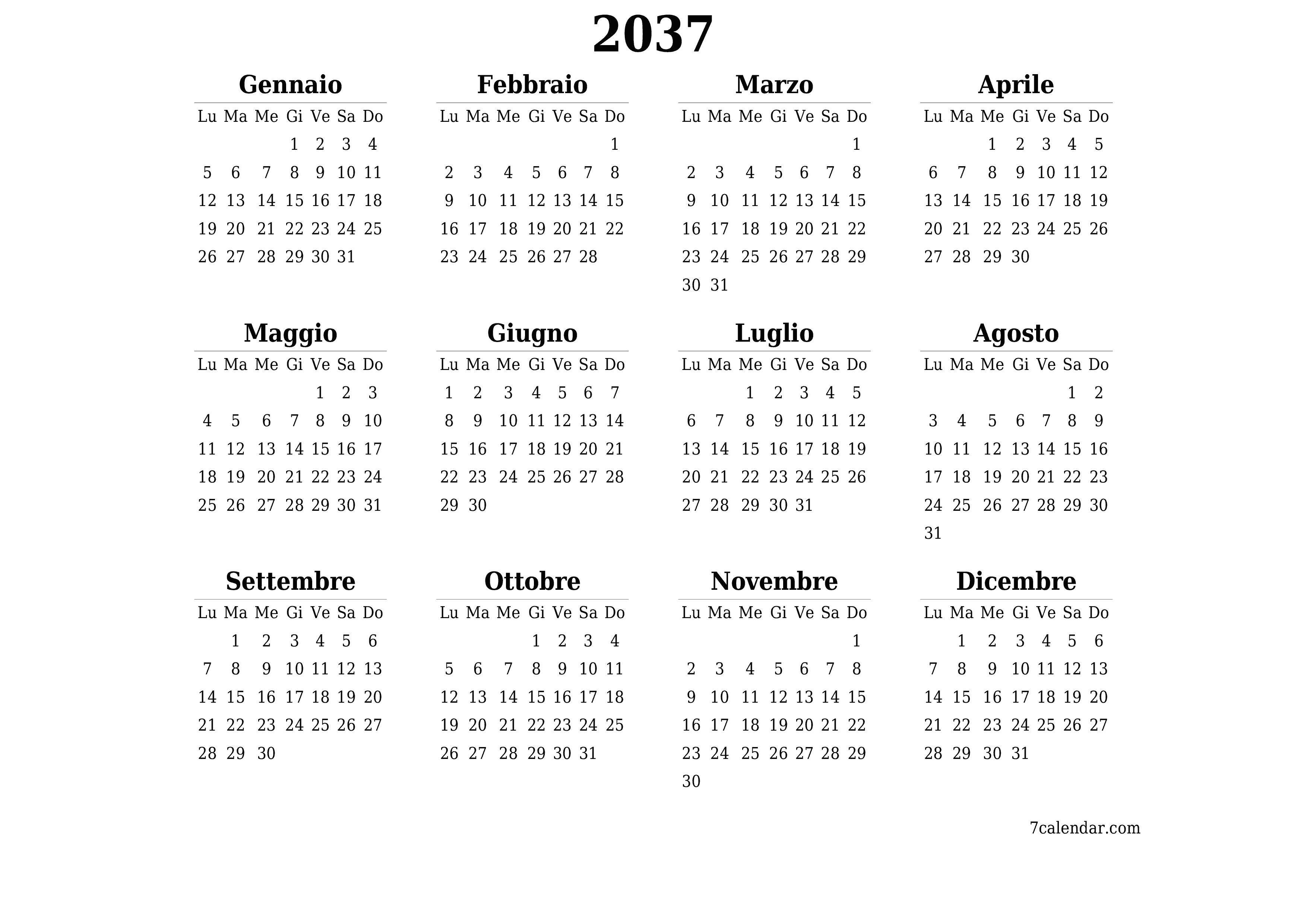 Calendario pianificatore annuale vuoto per l'anno 2037 con note, salva e stampa in PDF PNG Italian