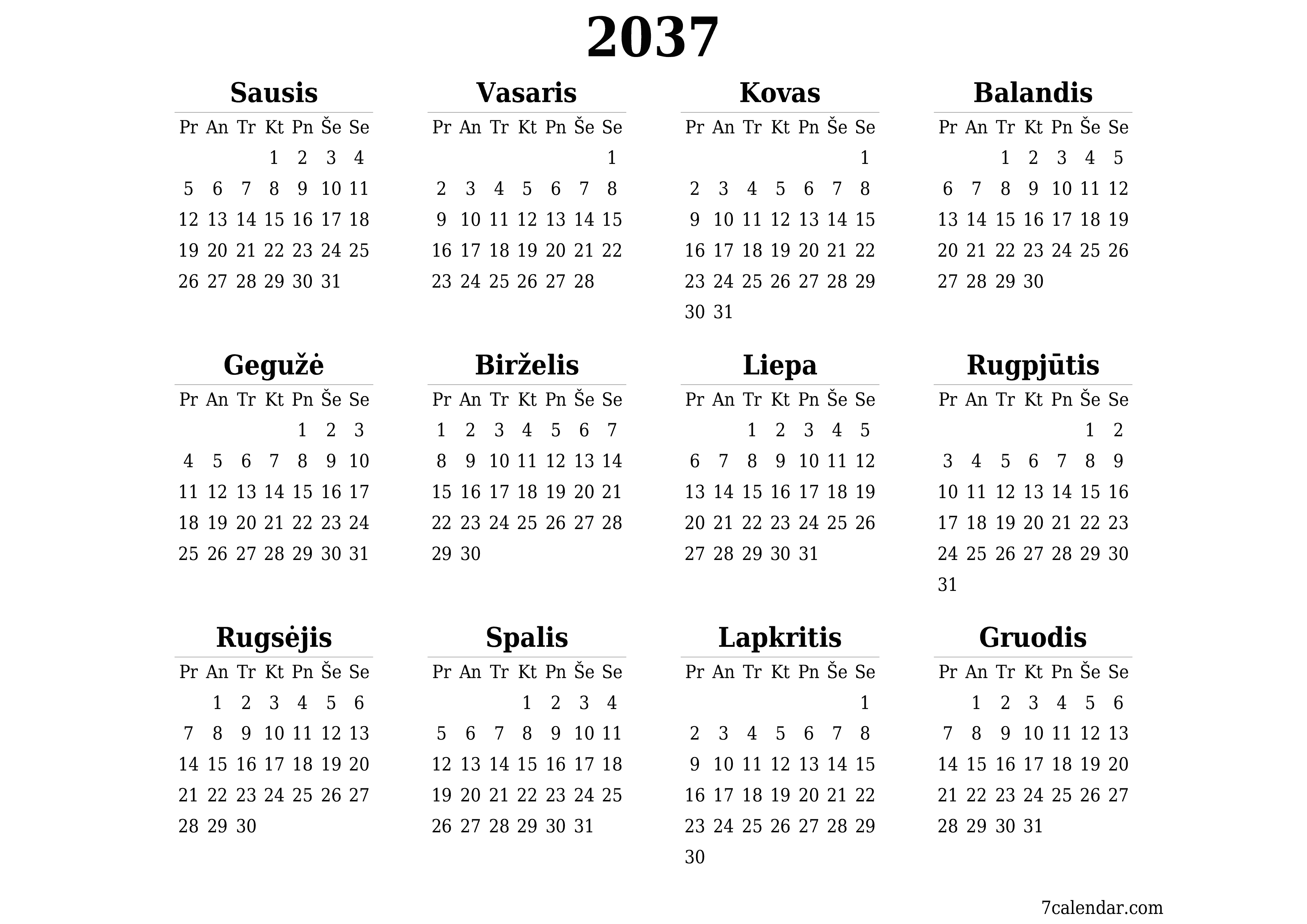 Tuščias metų planavimo kalendorius 2037 su užrašais, išsaugokite ir atsispausdinkite PDF formatu PNG Lithuanian