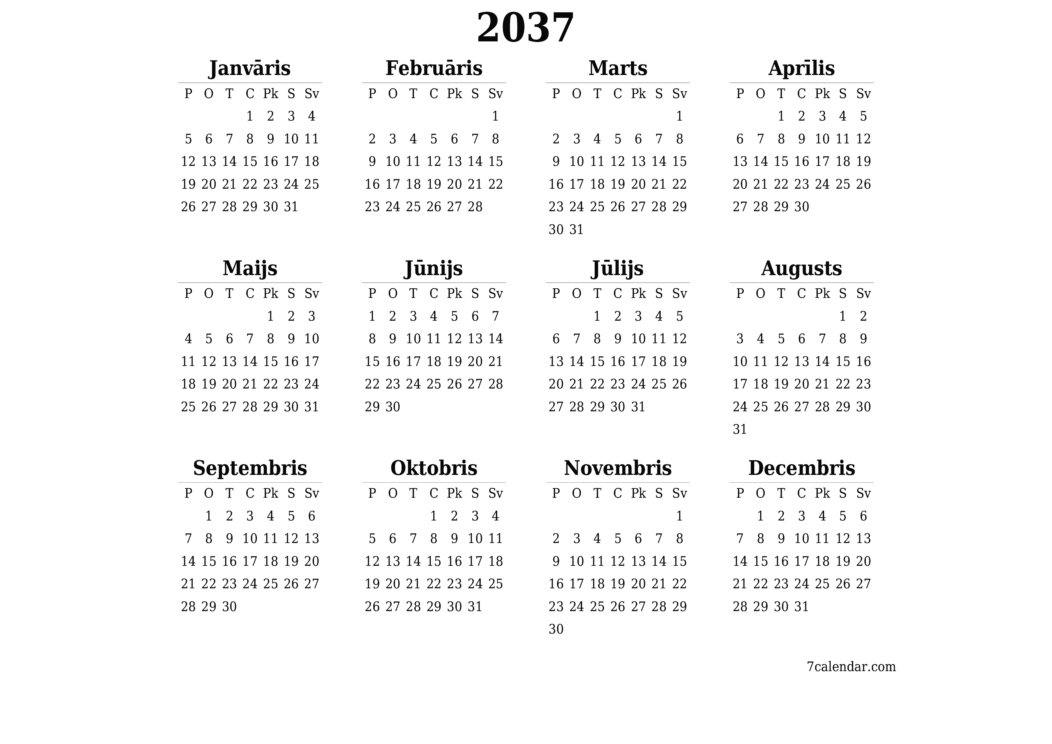 Tukšs gada plānotāja kalendārs gadam 2037 ar piezīmēm, saglabāšana un izdrukāšana PDF formātā PNG Latvian