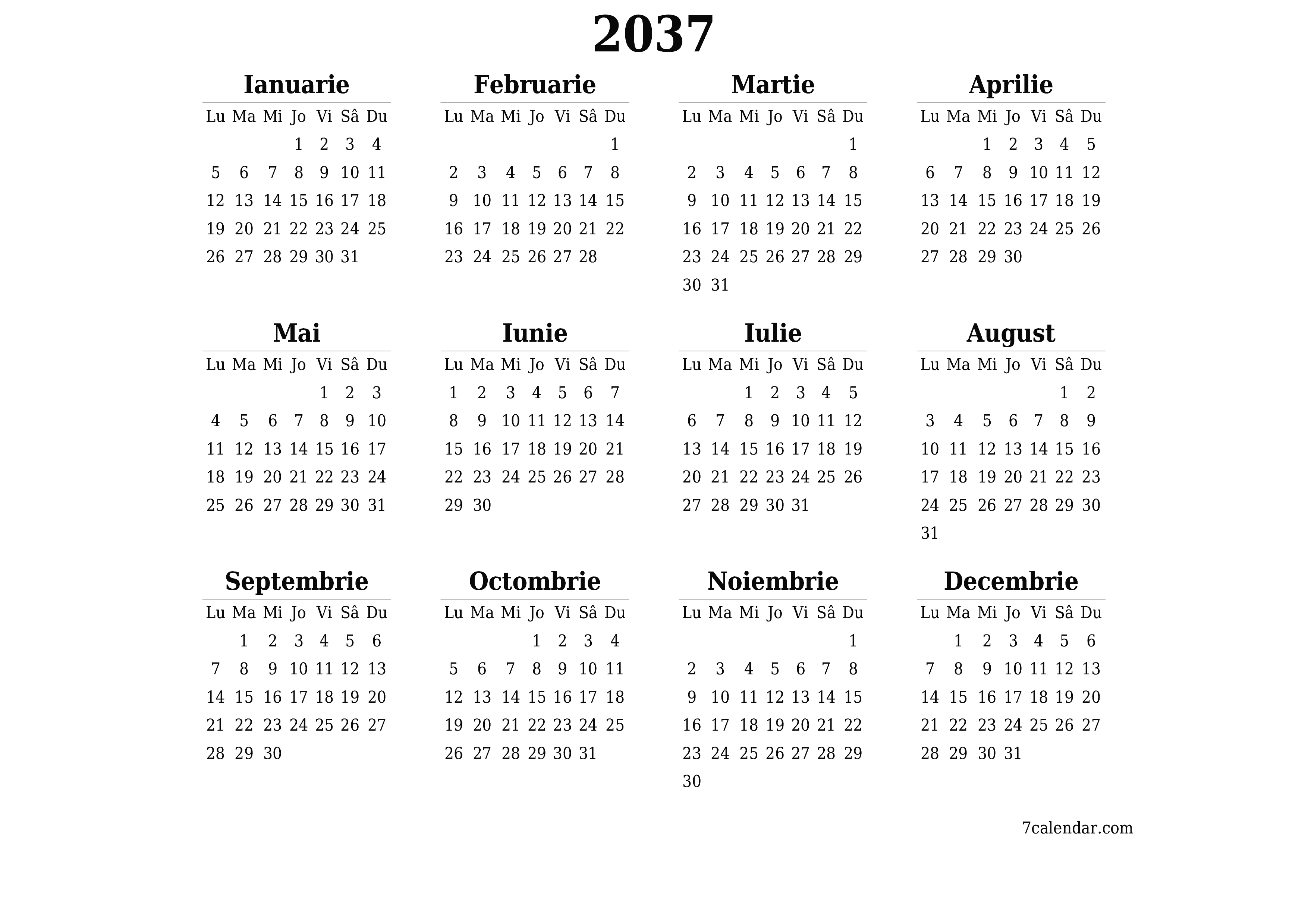 Goliți calendarul anual al planificatorului pentru anul 2037 cu note, salvați și tipăriți în PDF PNG Romanian