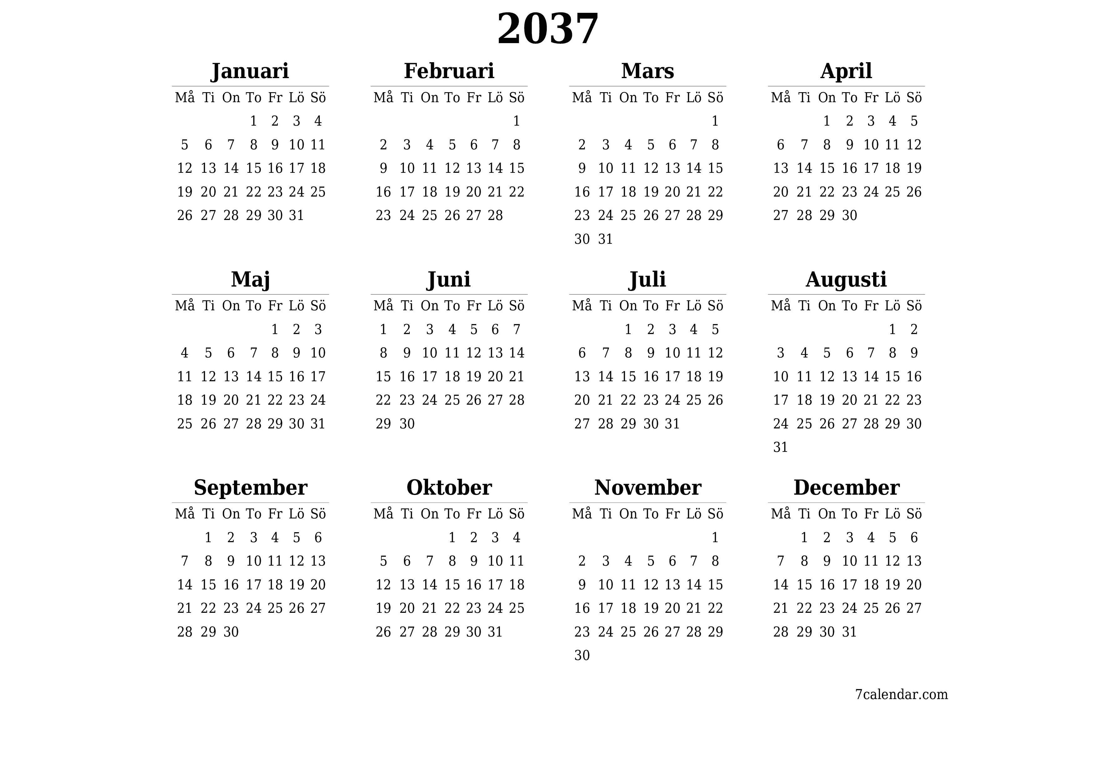 Tom årlig planeringskalender för året 2037 med anteckningar, spara och skriv ut till PDF PNG Swedish