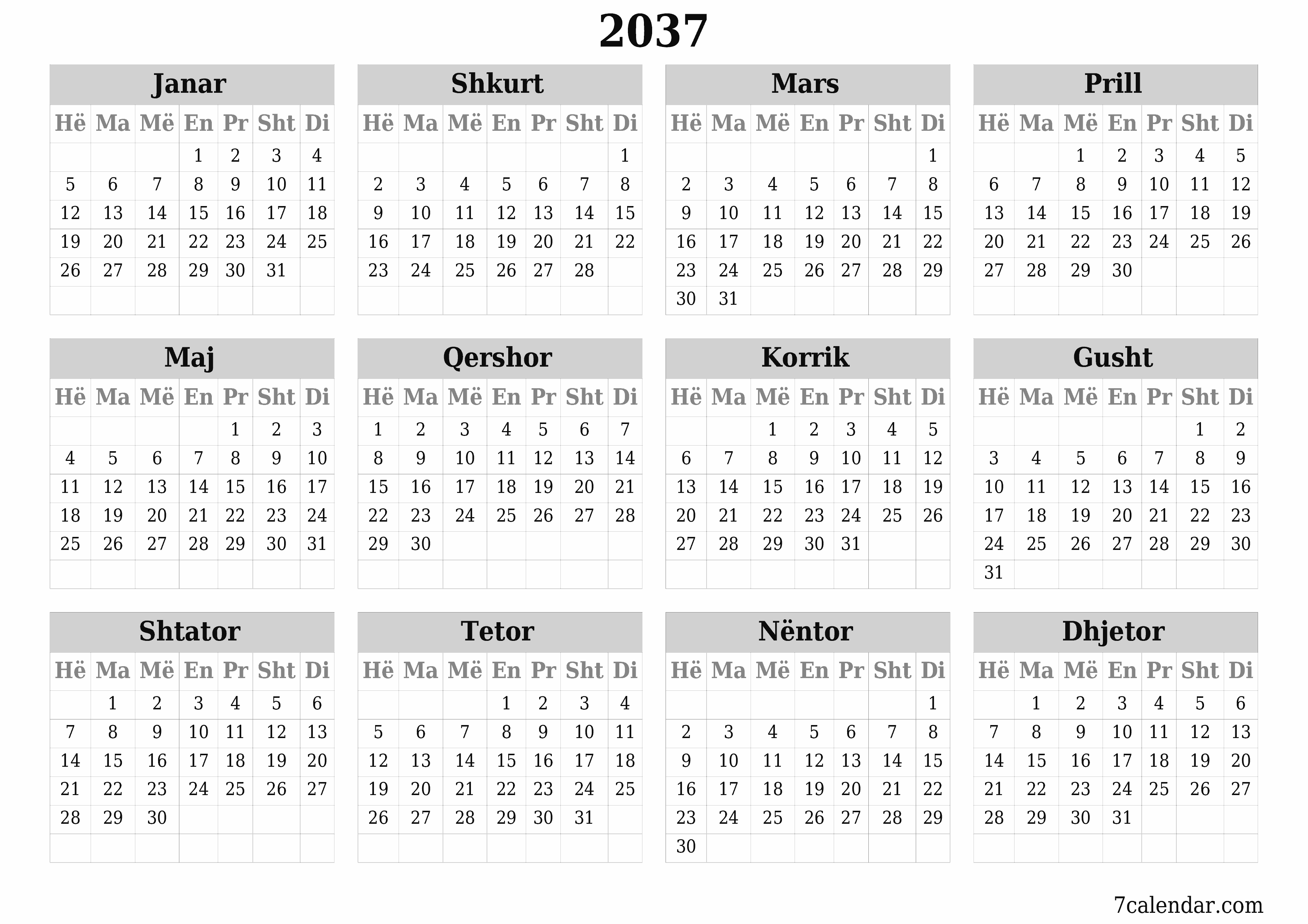Planifikuesi bosh i kalendarit vjetor për vitin 2037 me shënime, ruani dhe printoni në PDF PNG Albanian