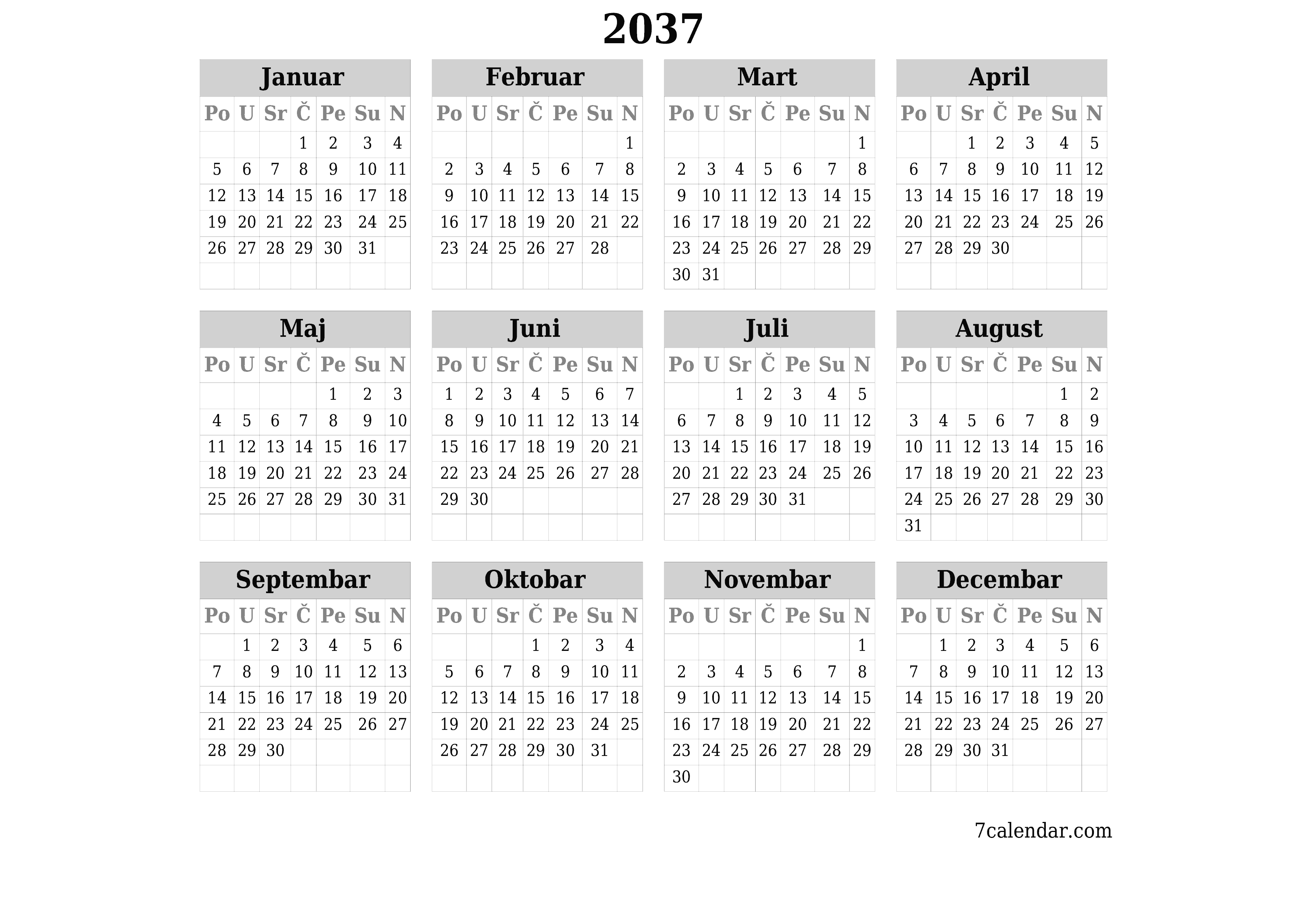Ispraznite godišnji kalendar planera za godinu 2037 s bilješkama, spremite i ispišite u PDF PNG Bosnian