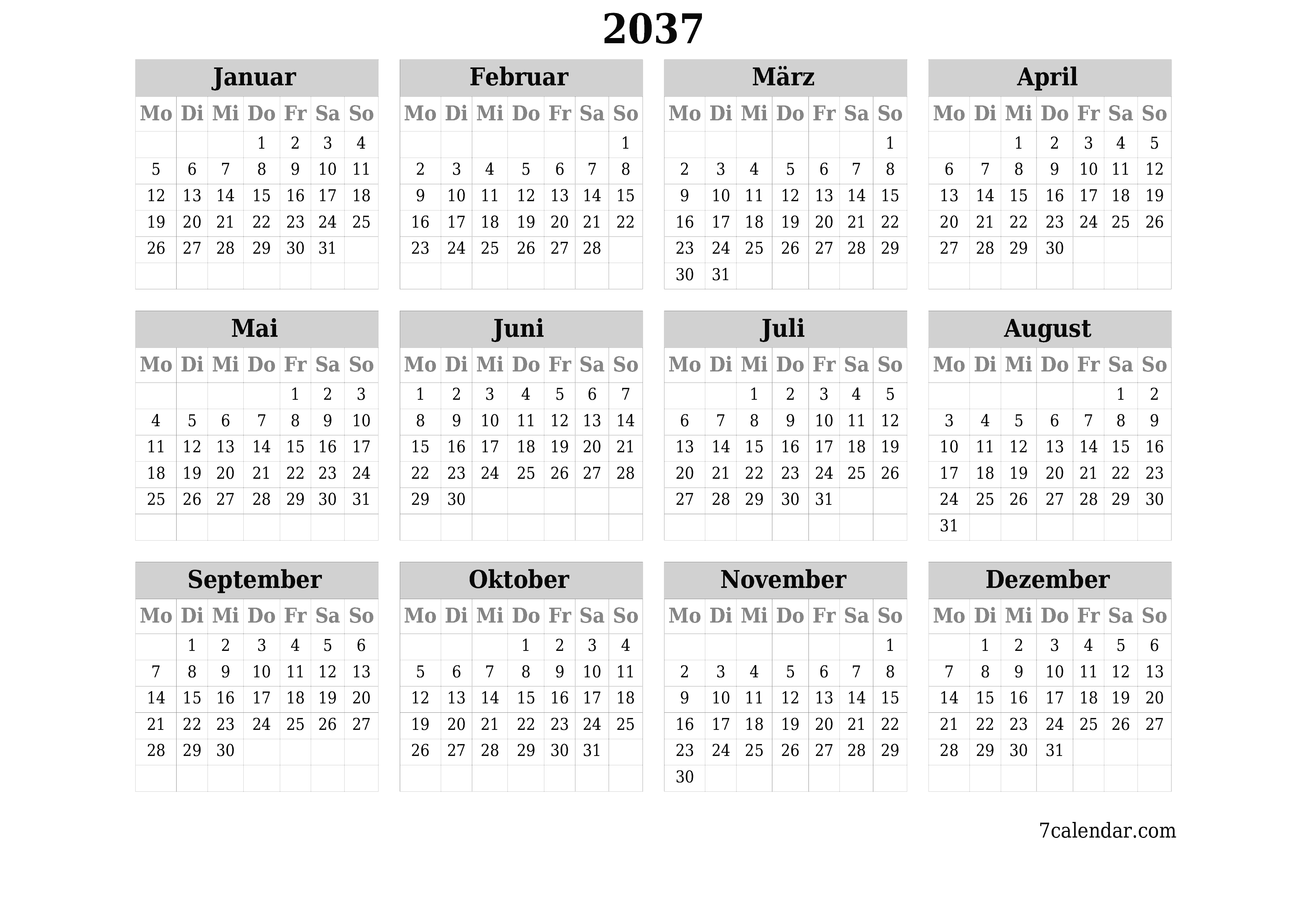 Jahresplanerkalender für das Jahr 2037 mit Notizen leeren, speichern und als PDF PNG German - 7calendar.com drucken