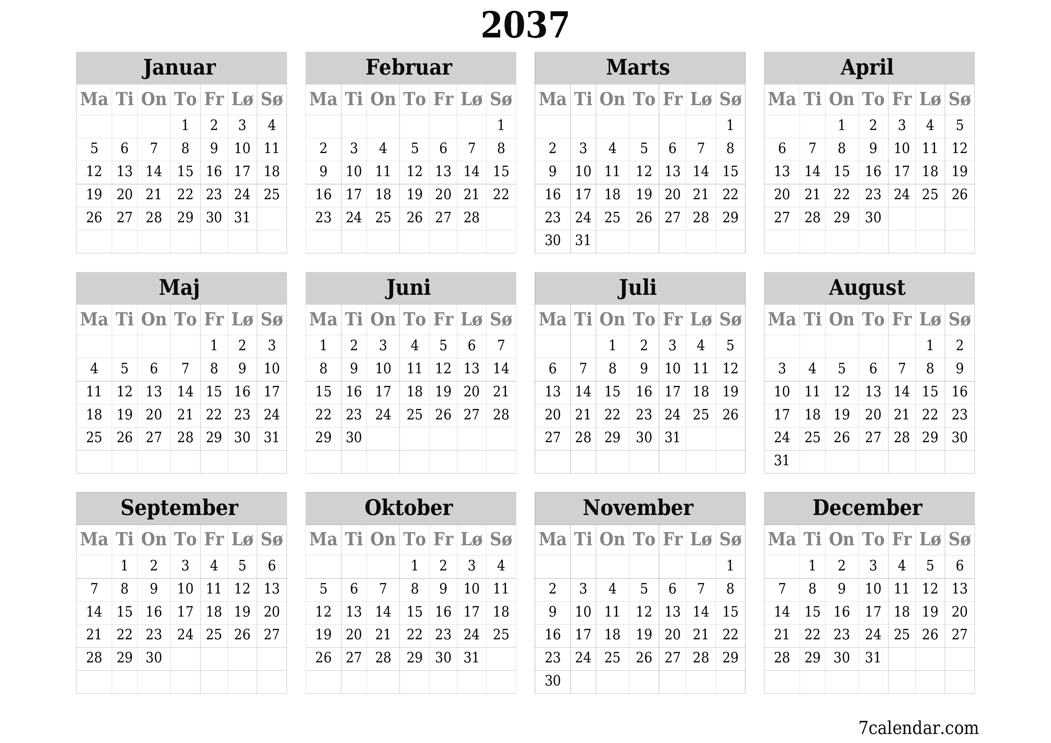 Tom årlig planlægningskalender for året 2037 med noter, gem og udskriv til PDF PNG Danish