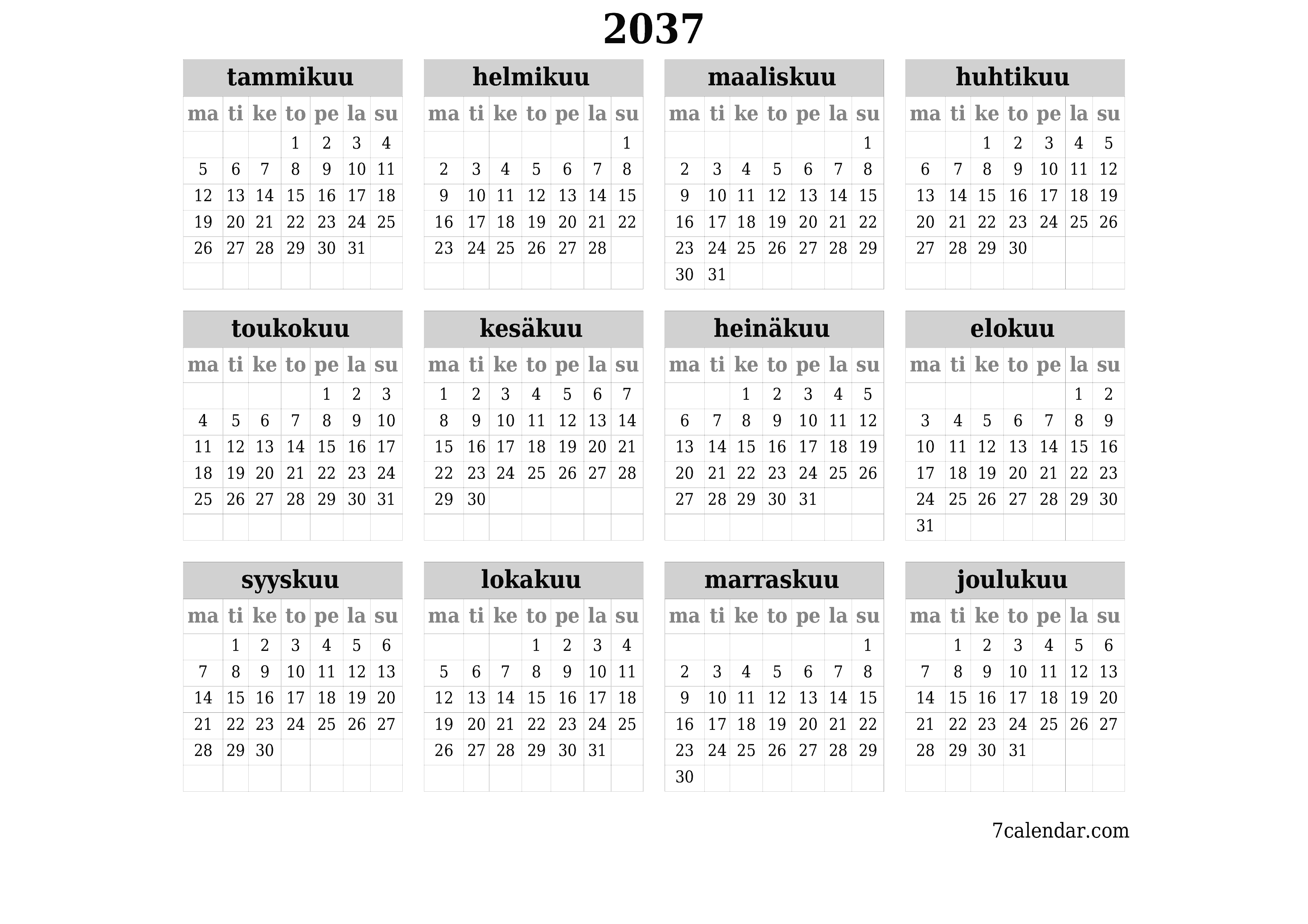 Tyhjä vuosisuunnittelukalenteri vuodelle 2037 muistiinpanoilla, tallenna ja tulosta PDF-muotoon PNG Finnish